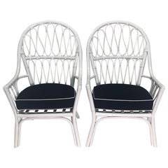 Vintage Pair of White Lacquered Rattan With Blue and White Sunbrella Cushion