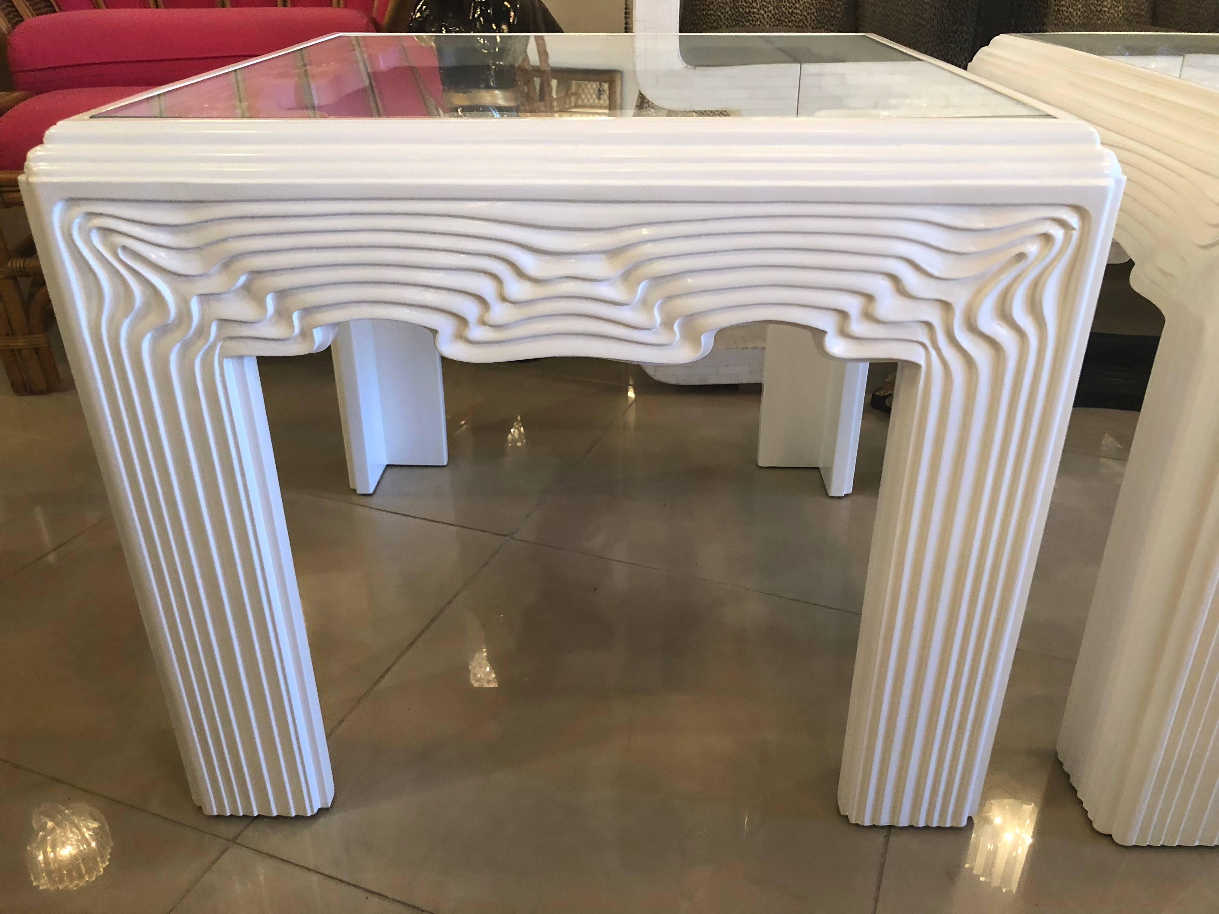 Glass Vintage Pair of White Lacquered Wavy Swirl Modern End Side Tables