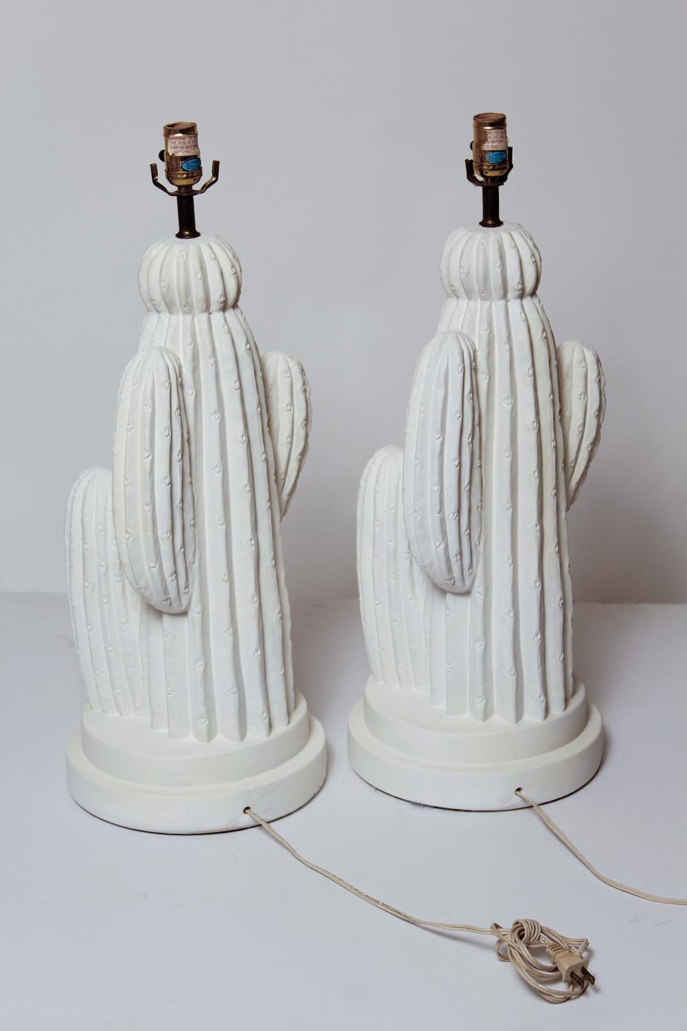 Hollywood Regency Vintage Pair of White Plaster Cactus Lamps, Circa 1975
