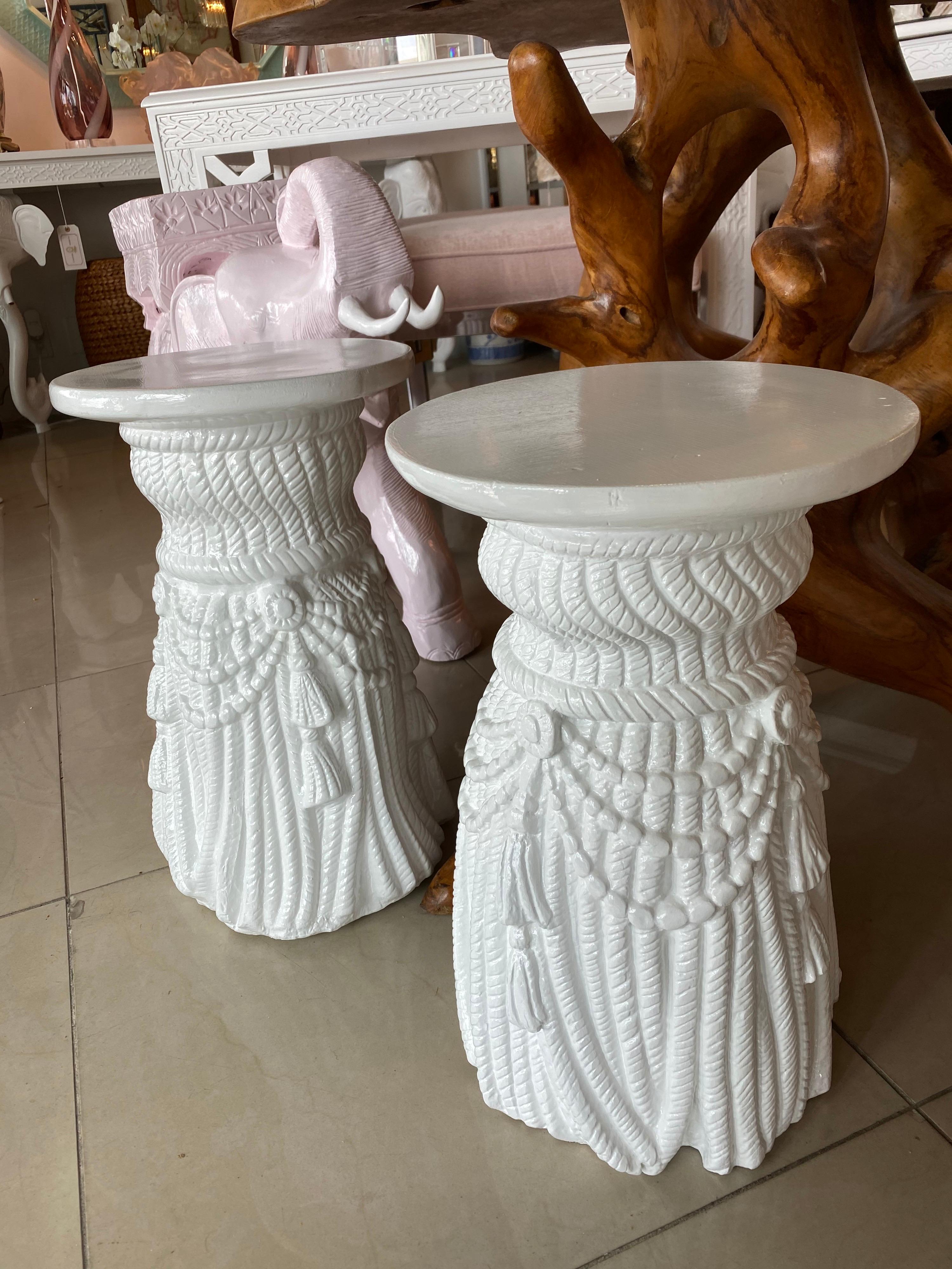 Vintage Pair of White Plaster Lacquered Draped Tassel Garden Stools Stands 5