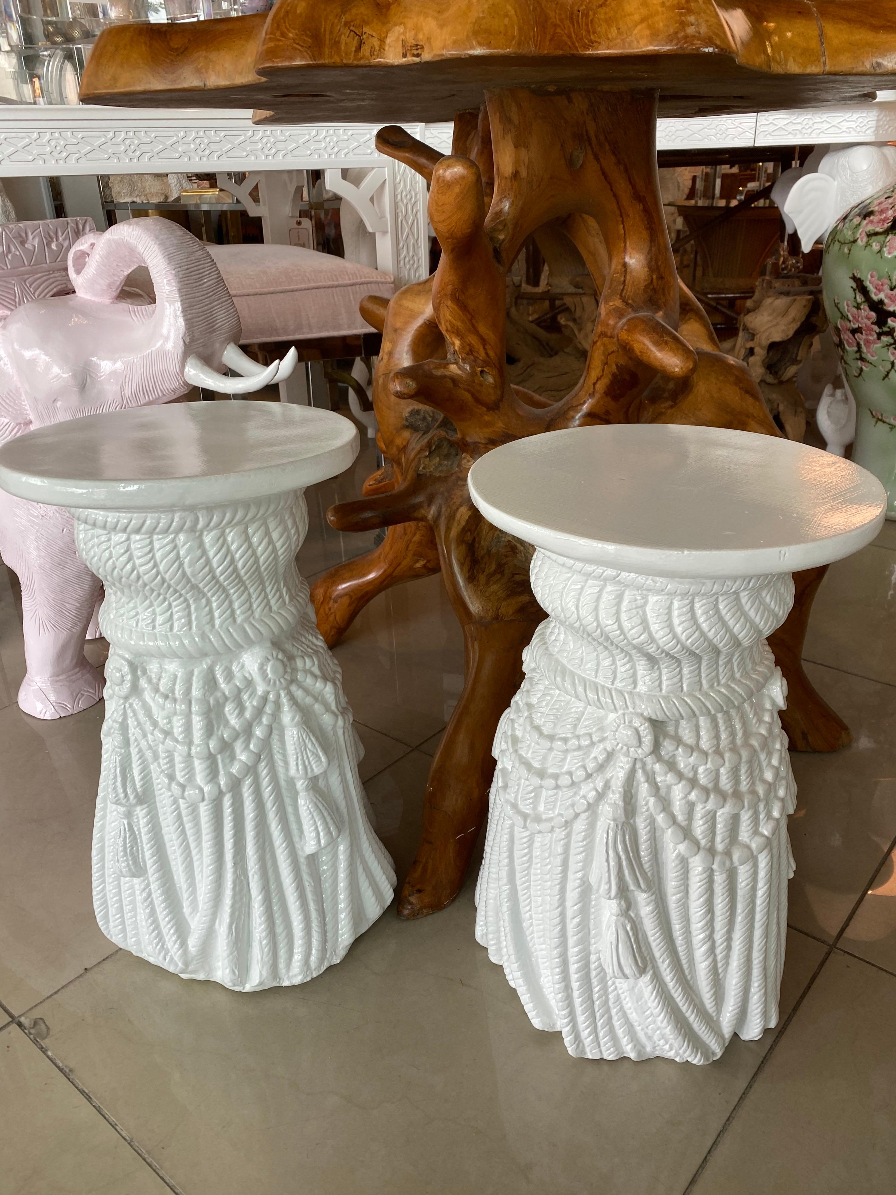 Hollywood Regency Vintage Pair of White Plaster Lacquered Draped Tassel Garden Stools Stands