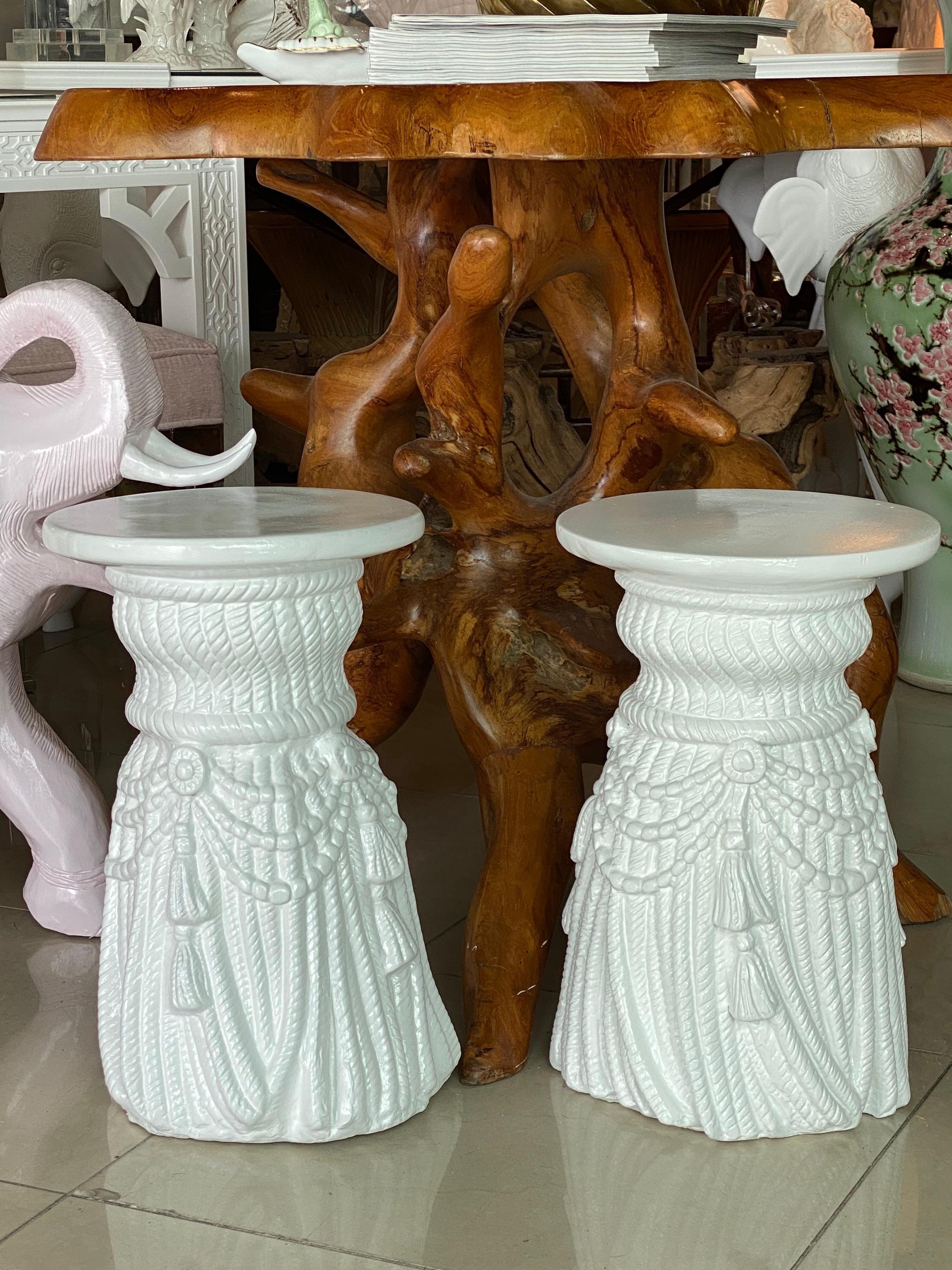 American Vintage Pair of White Plaster Lacquered Draped Tassel Garden Stools Stands
