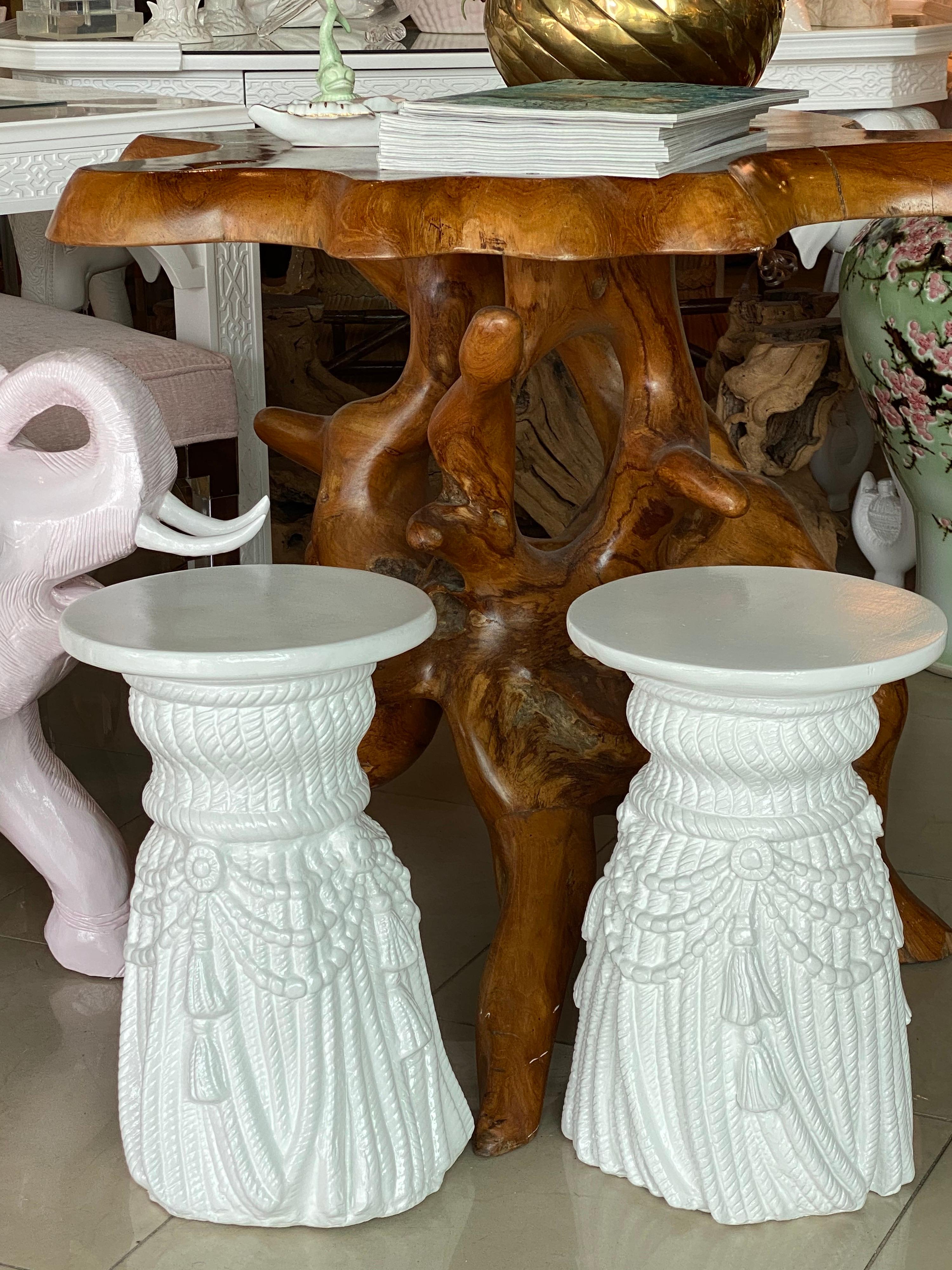 Vintage Pair of White Plaster Lacquered Draped Tassel Garden Stools Stands In Good Condition In West Palm Beach, FL