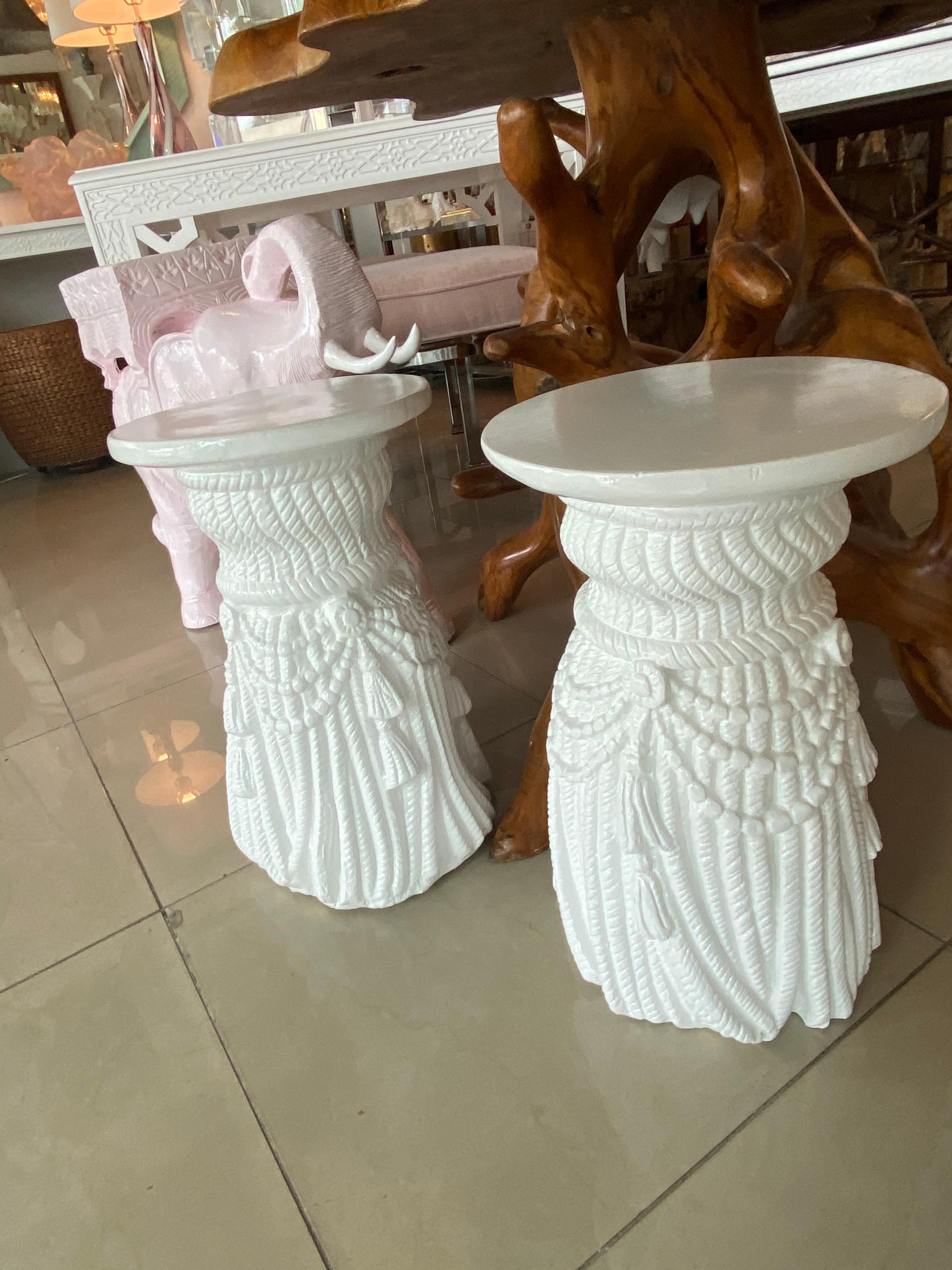 Late 20th Century Vintage Pair of White Plaster Lacquered Draped Tassel Garden Stools Stands