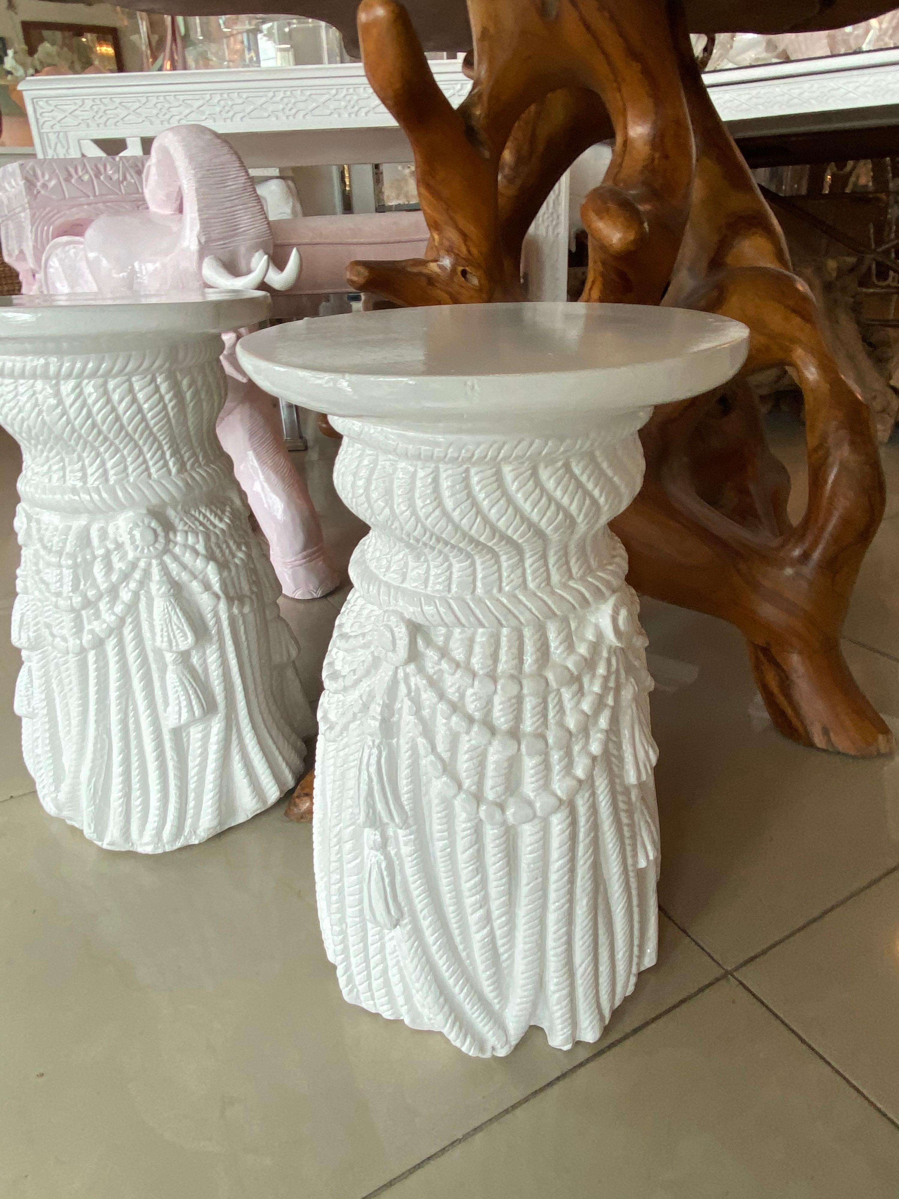 Vintage Pair of White Plaster Lacquered Draped Tassel Garden Stools Stands 1