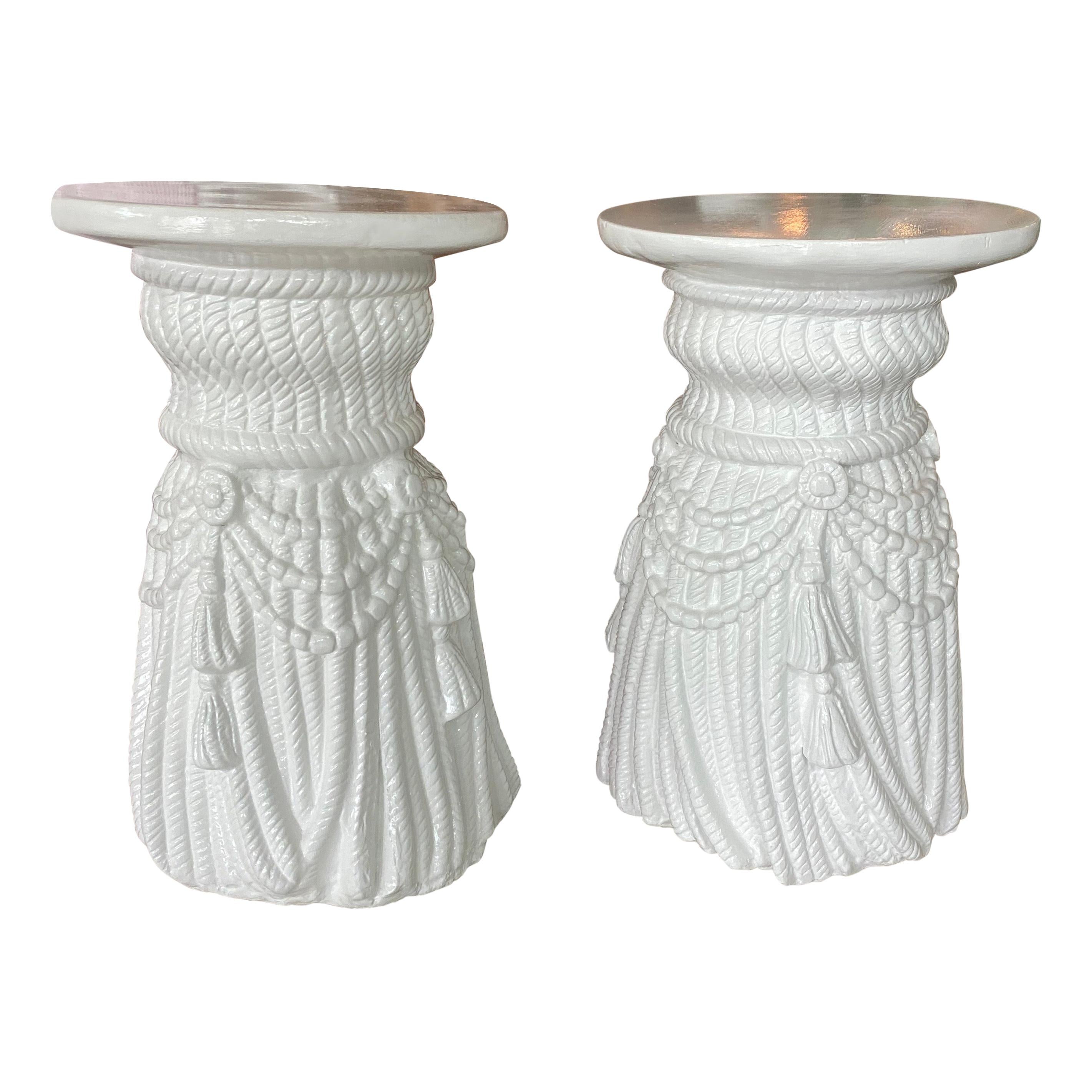 Vintage Pair of White Plaster Lacquered Draped Tassel Garden Stools Stands