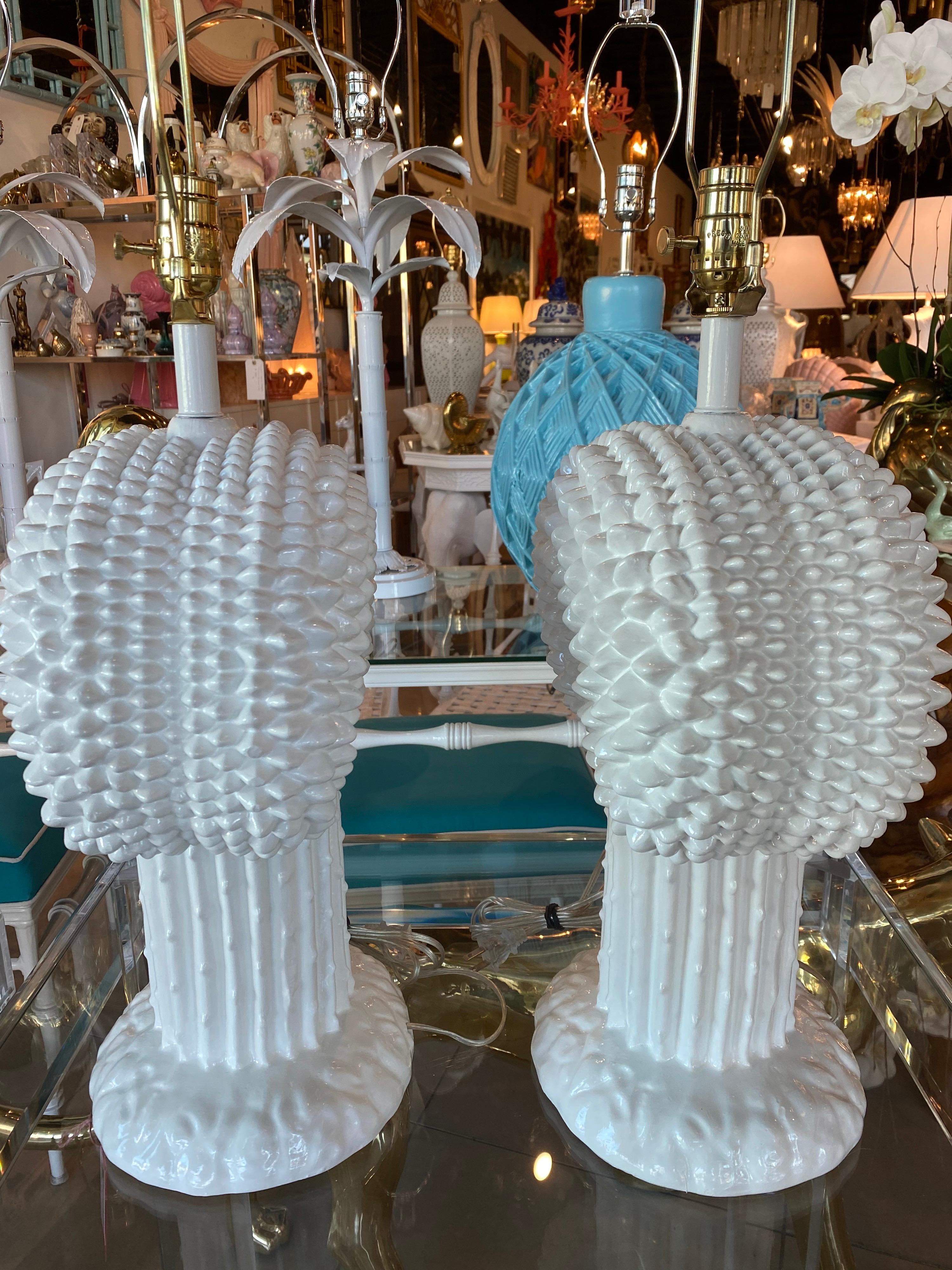 Vintage Pair of White Plaster Modern Cactus Table Lamps Newly Wired 2