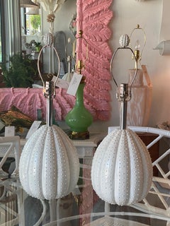 Vintage Pair of White Sea Urchin Style Palm Beach Table Lamps Newly Restored