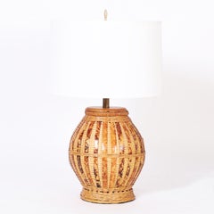 Vintage Pair of Wicker and Faux Tortoise Table Lamps