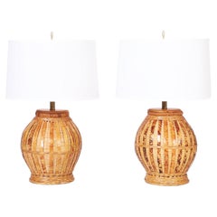 Vintage Pair of Wicker and Faux Tortoise Table Lamps