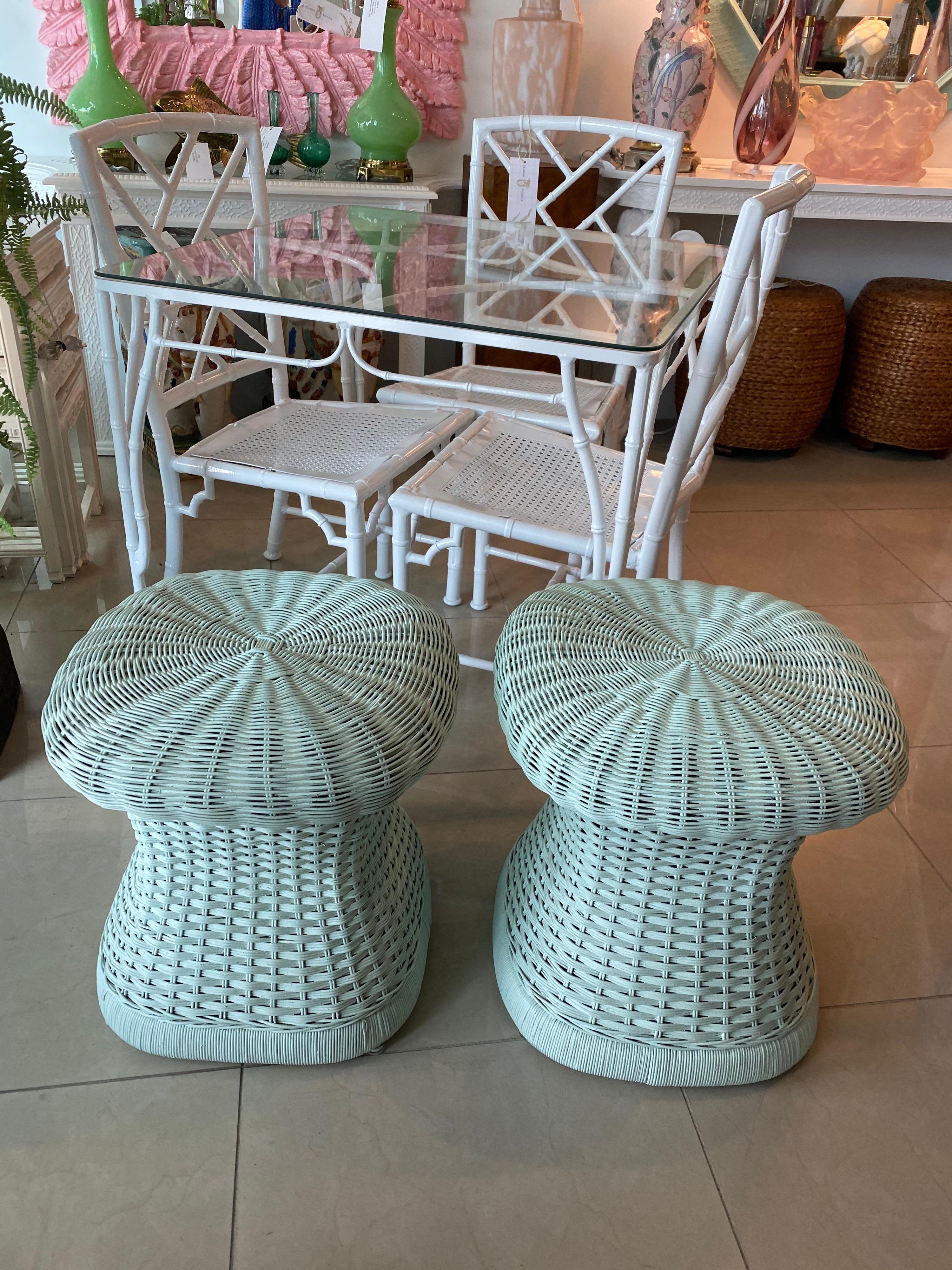 Lovely pair of vintage wicker, mushroom shape, stools benches. Original light mint green paint. No missing or broken wicker pieces. Can be painted or lacquered a different color for an additional charge.
