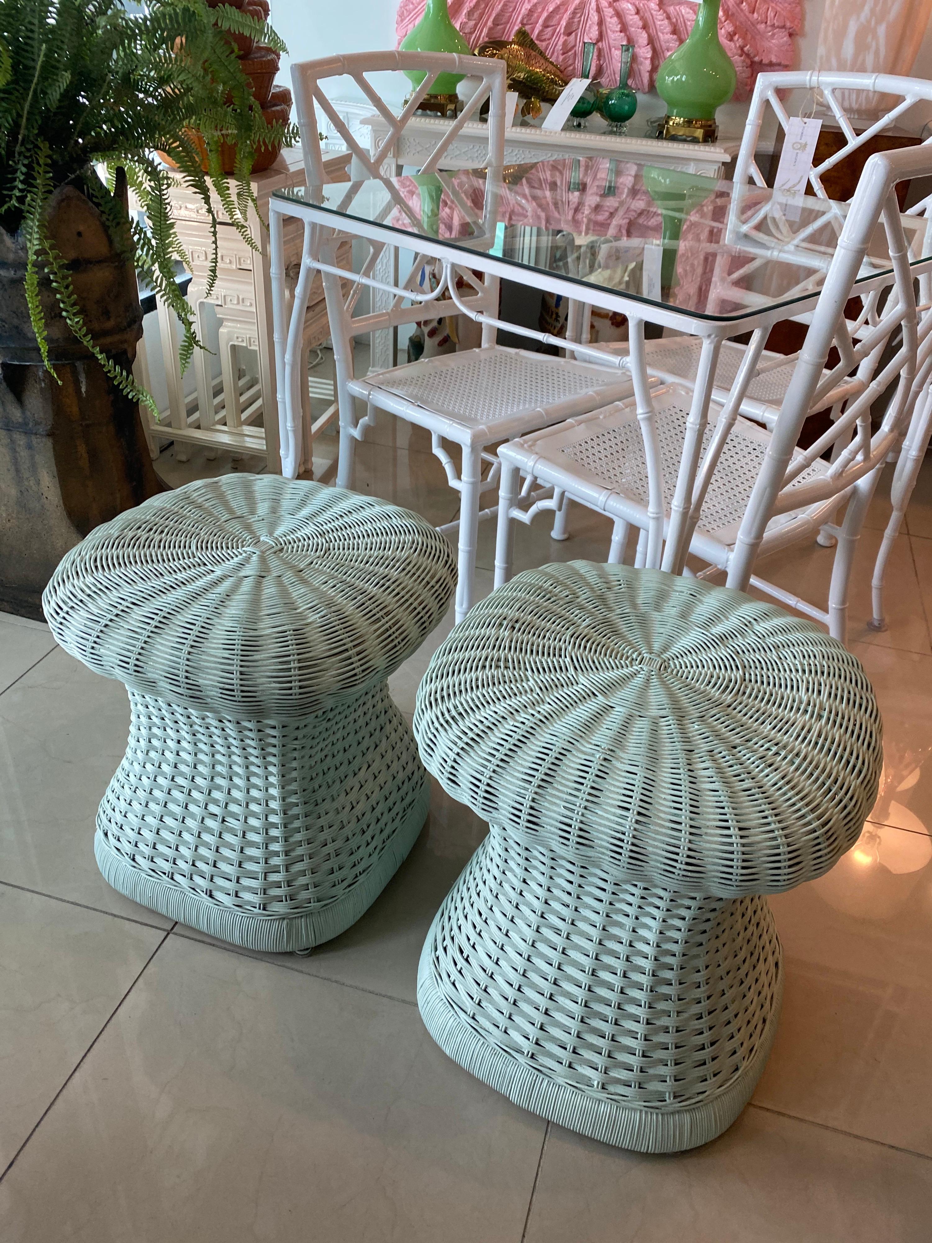 Hollywood Regency Vintage Pair of Wicker Mushroom Shape Benches Stools For Sale