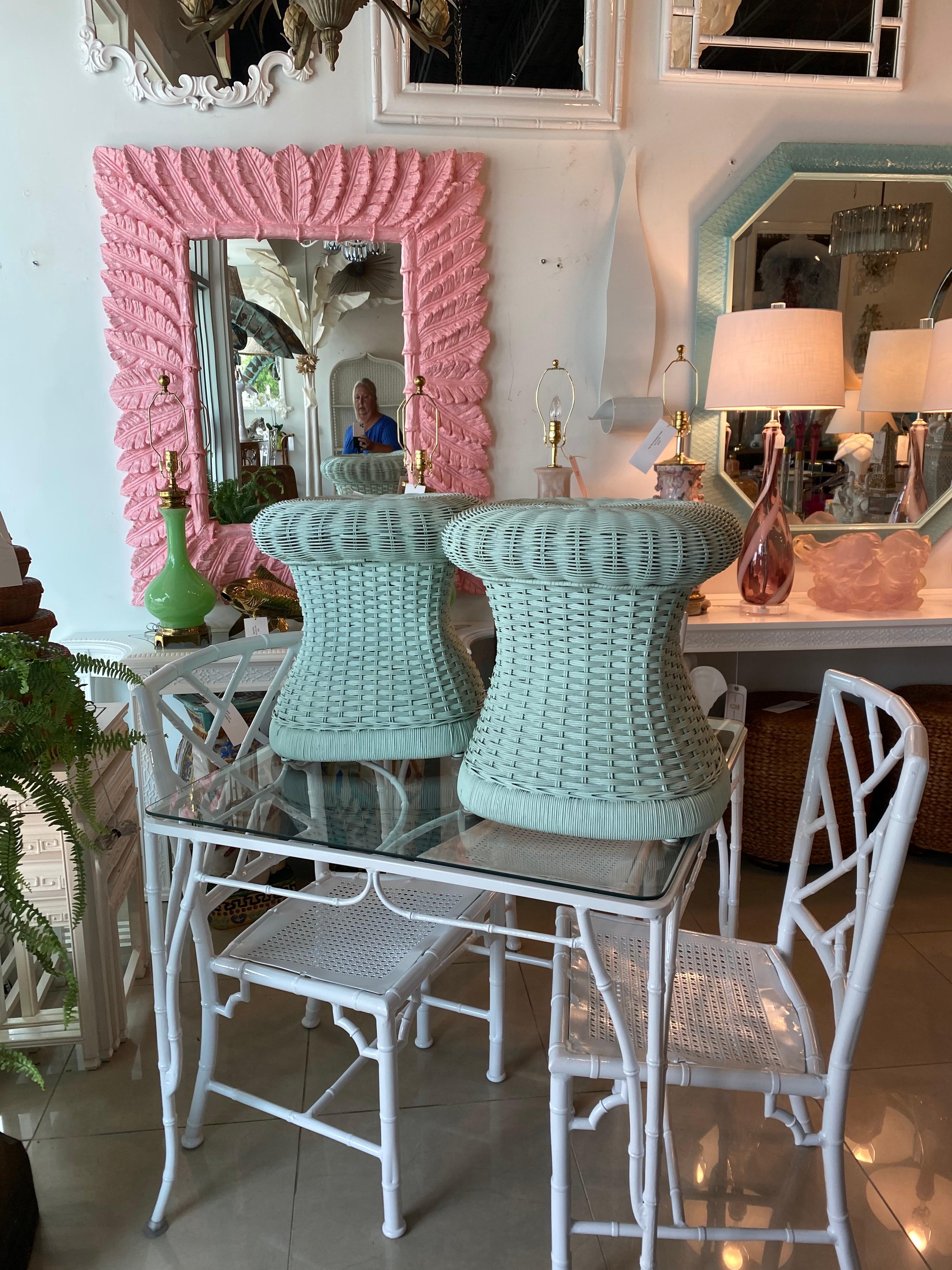 Vintage Pair of Wicker Mushroom Shape Benches Stools In Good Condition In West Palm Beach, FL