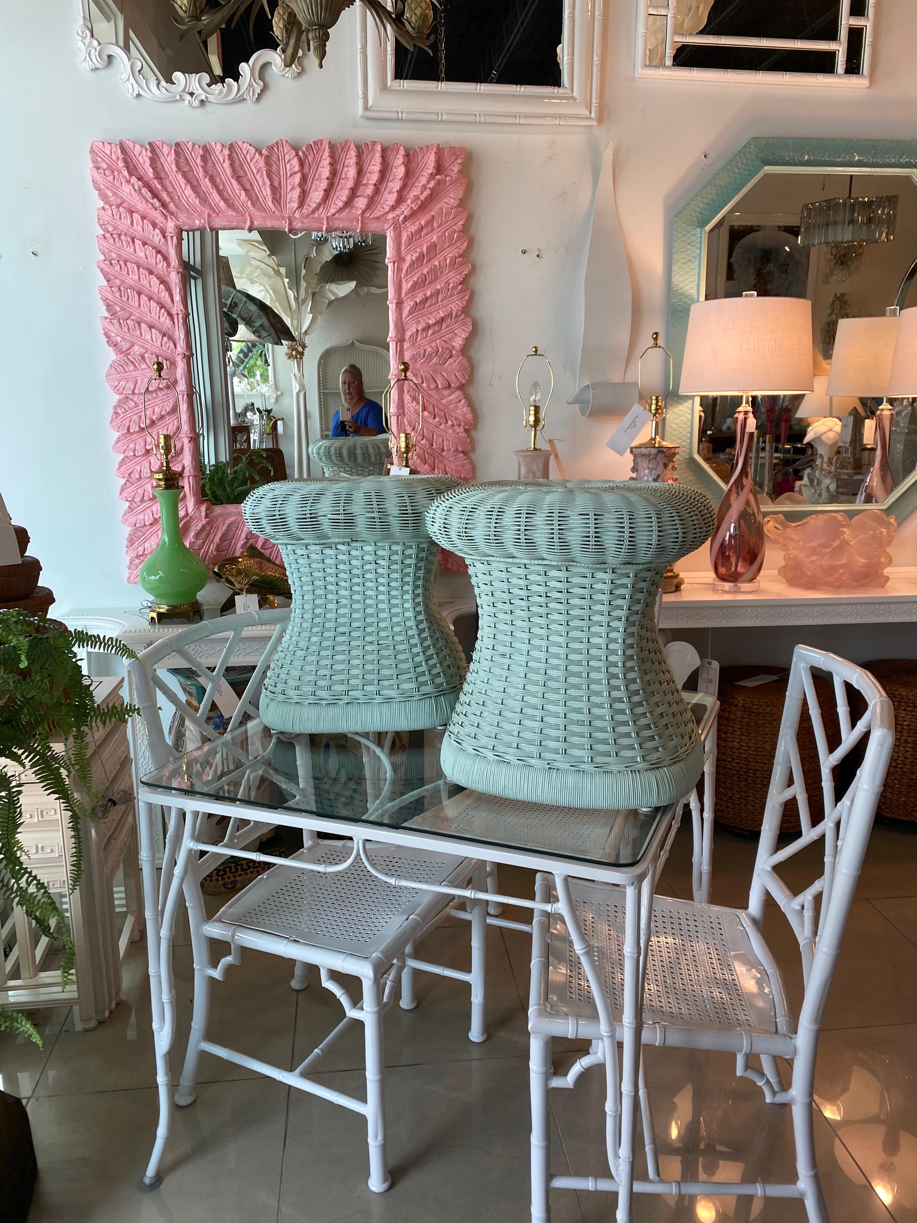 Vintage Pair of Wicker Mushroom Shape Benches Stools In Good Condition For Sale In West Palm Beach, FL