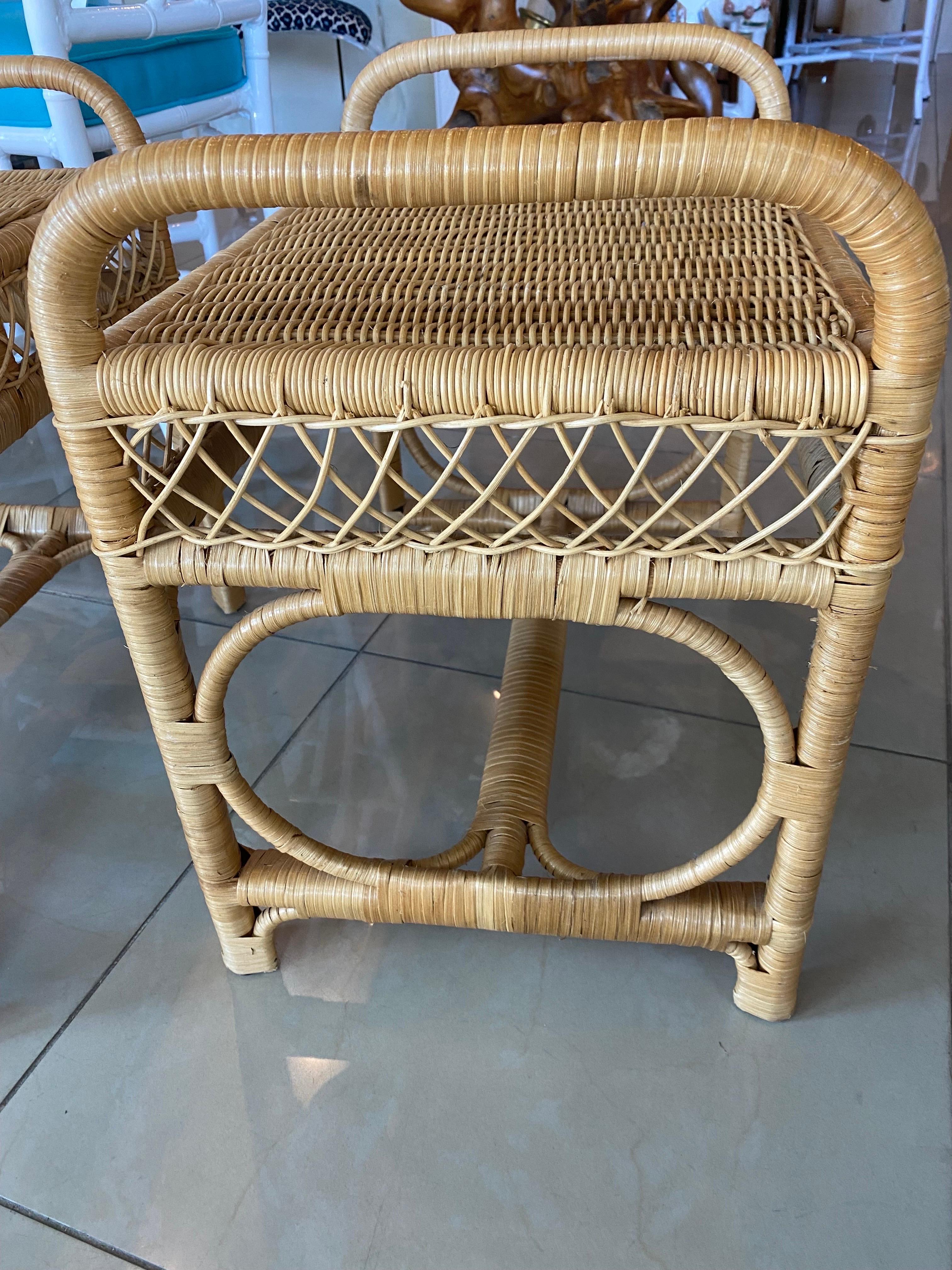 Lovely pair of vintage wicker benches, stools. No damage or defects. Dimensions: 20 w x 14 D x 19 H x 15.5 Seat Height. Please let me know if you would like an additional shipping quote. 