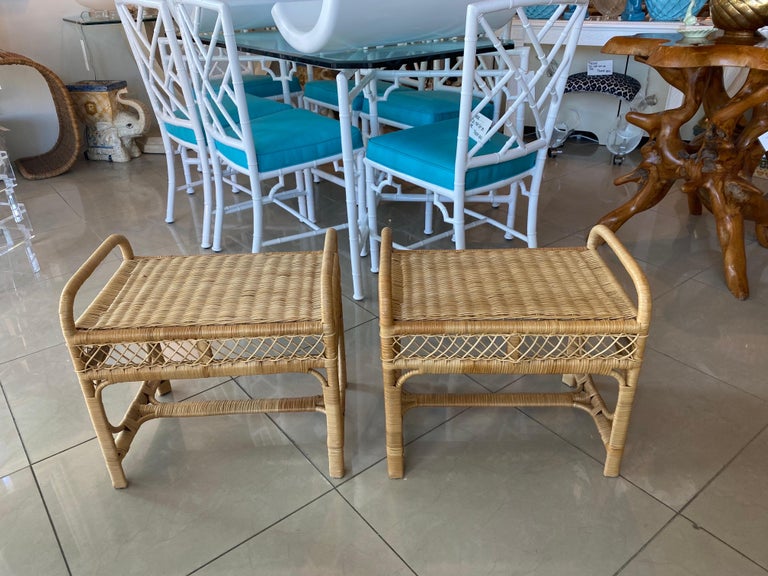 Vintage Pair of Wicker Rattan Benches End of Bed Stools For Sale at 1stDibs