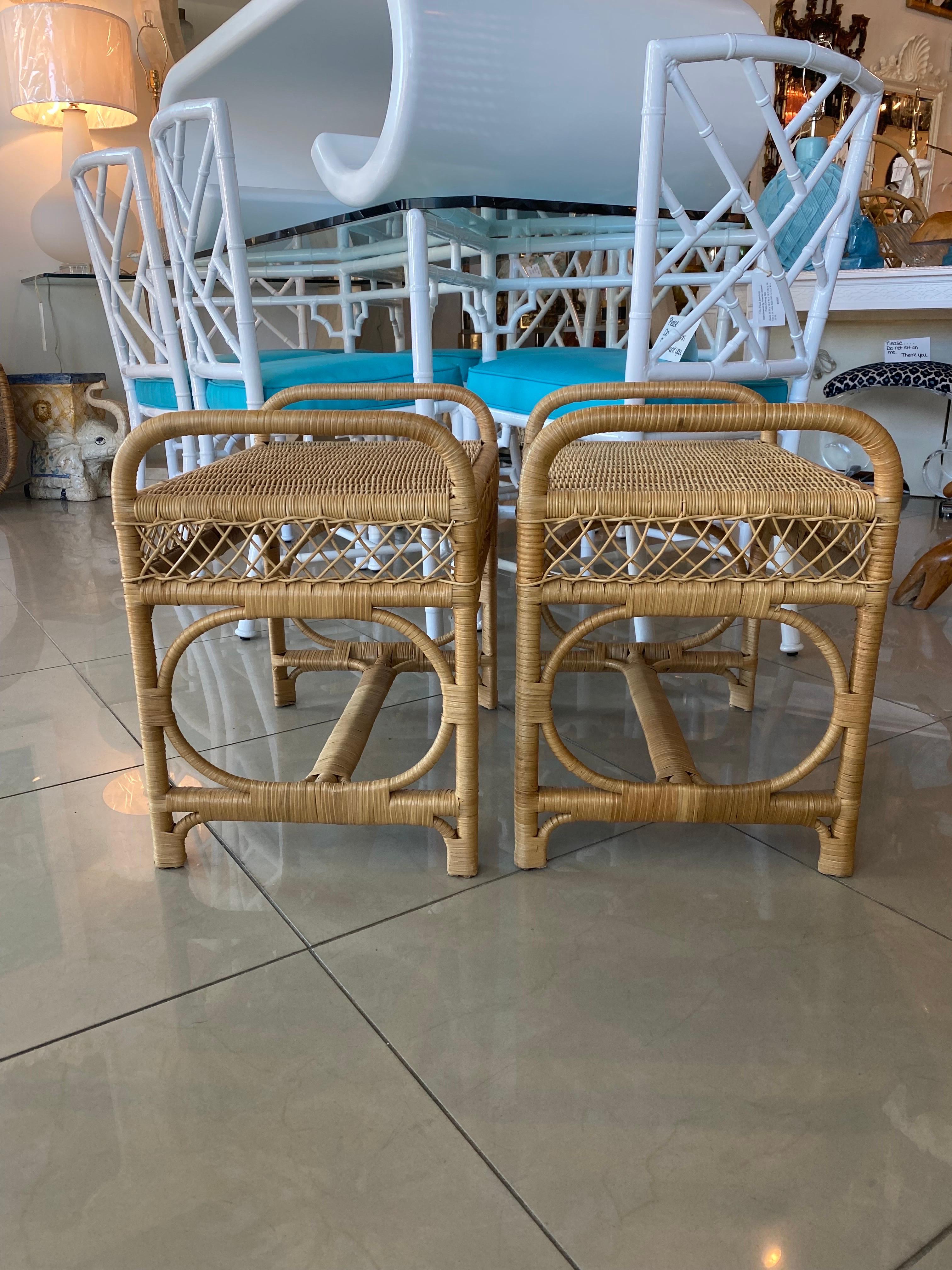 Hollywood Regency Vintage Pair of Wicker Rattan Benches End of Bed Stools 