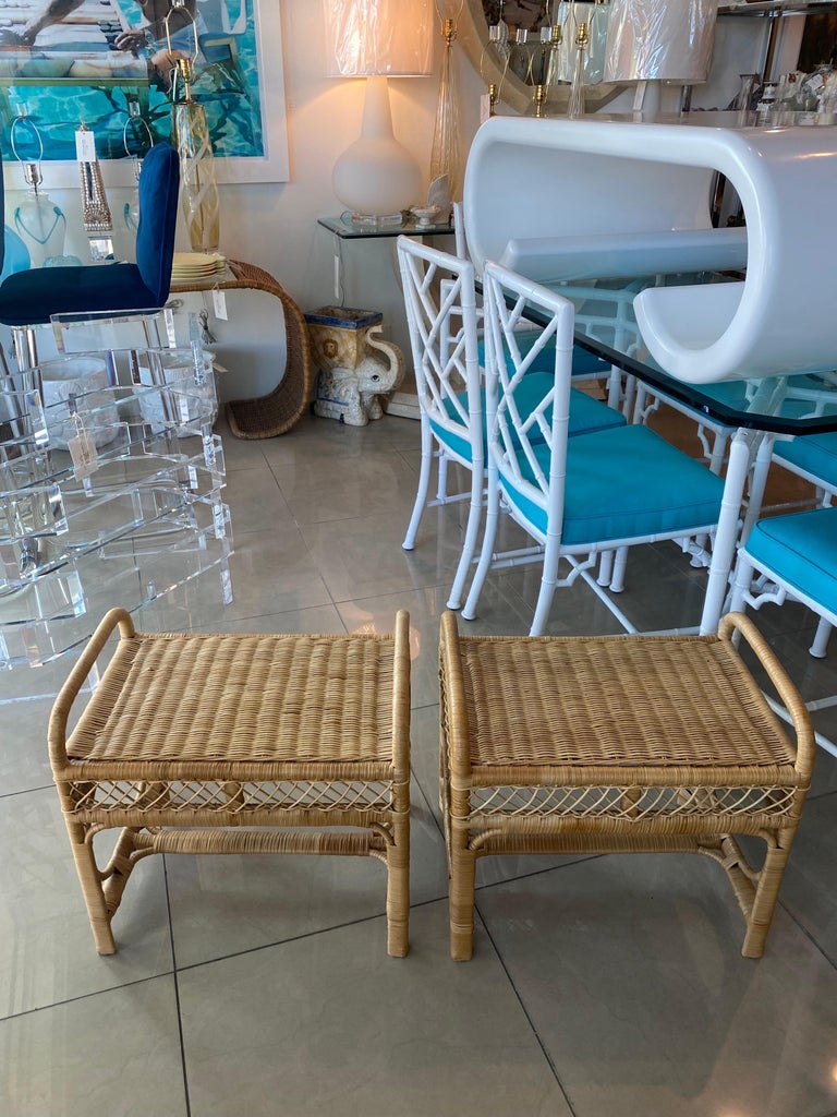 Vintage Pair of Wicker Rattan Benches End of Bed Stools For Sale at 1stDibs