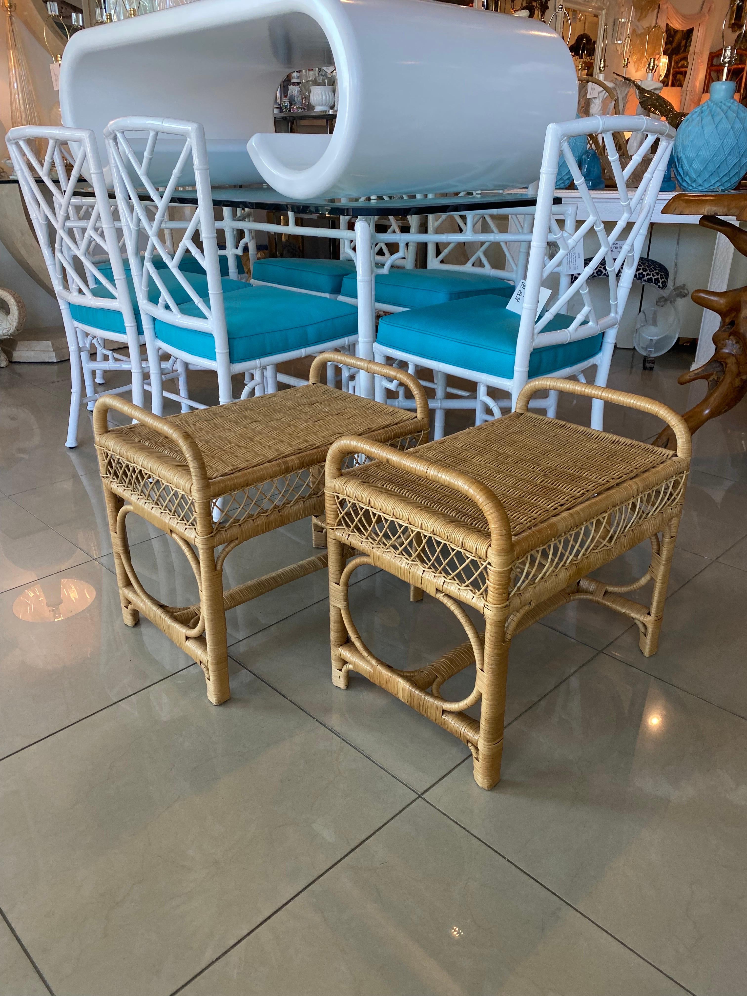 Late 20th Century Vintage Pair of Wicker Rattan Benches End of Bed Stools 