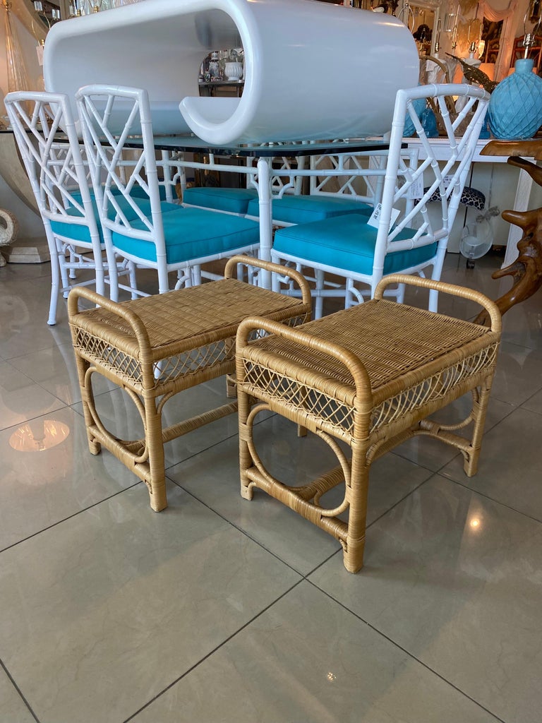 Vintage Pair of Wicker Rattan Benches End of Bed Stools For Sale at 1stDibs