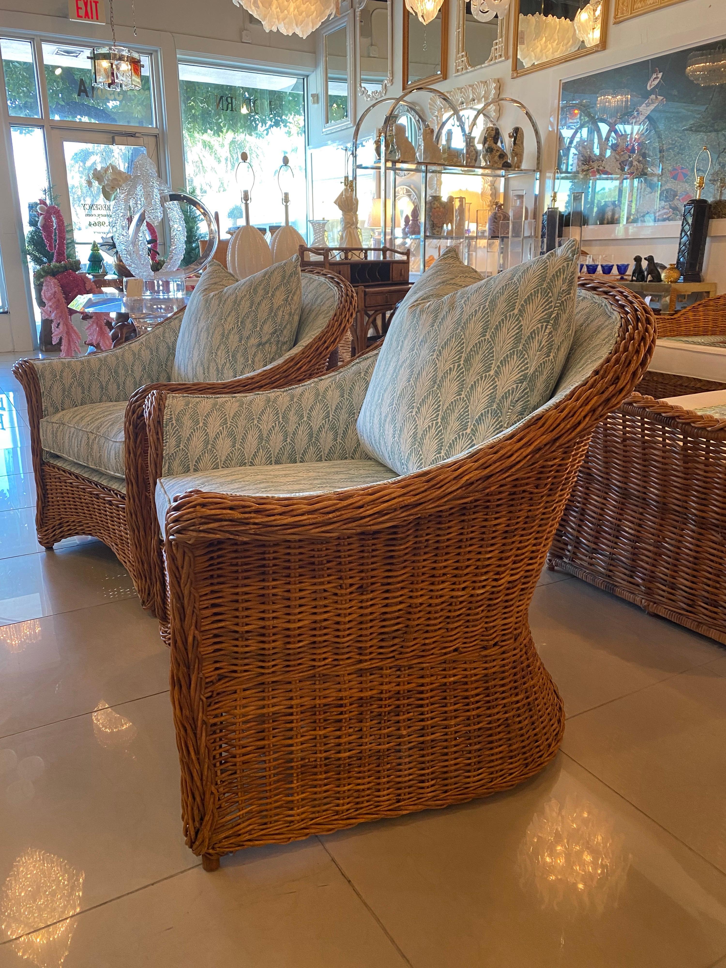 Vintage Pair of Wicker Rattan Club Lounge Arm Chairs Newly Upholstered  4