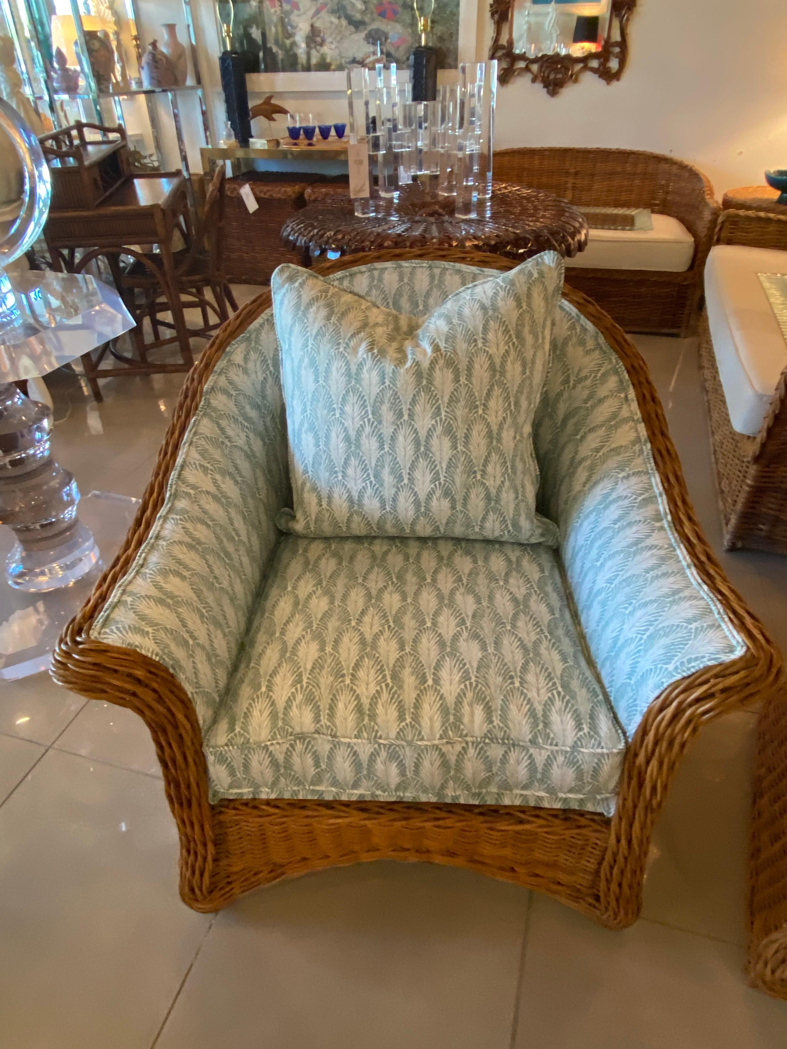 Vintage Pair of Wicker Rattan Club Lounge Arm Chairs Newly Upholstered  In Good Condition In West Palm Beach, FL
