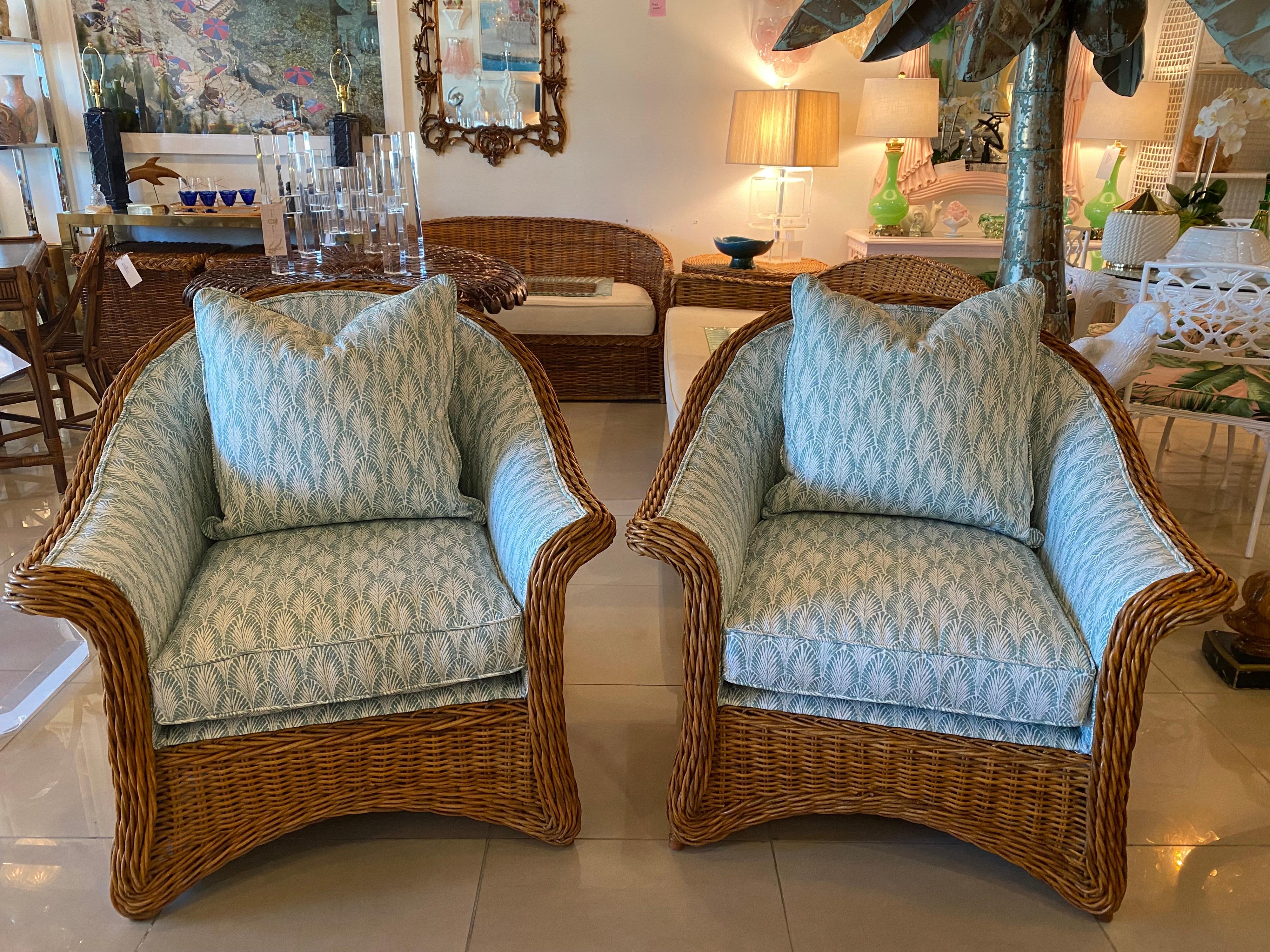 Vintage Pair of Wicker Rattan Club Lounge Arm Chairs Newly Upholstered  1