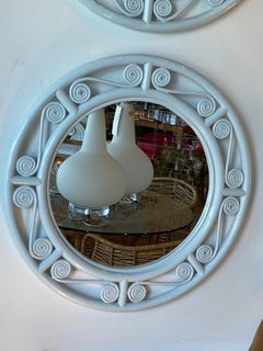 Vintage Pair of Wicker & Rattan Reed Lacquered Light Blue Round Wall Mirrors