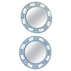 Vintage Pair of Wicker & Rattan Reed Lacquered Light Blue Round Wall Mirrors