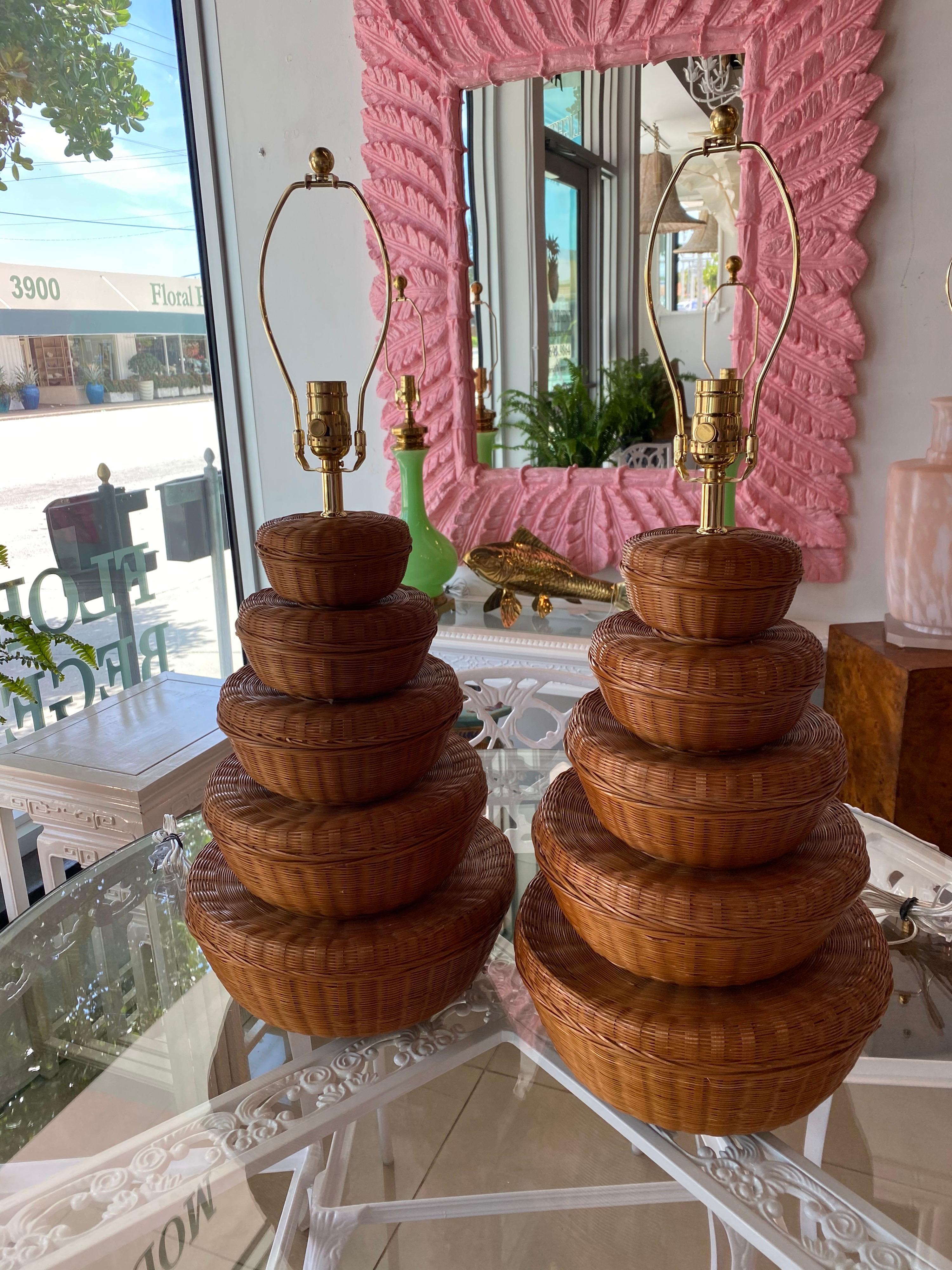 Late 20th Century Vintage Pair of Wicker Stacked Basket Table Lamps, Newly Wired, 3 Way Brass 