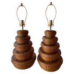 Vintage Pair of Wicker Stacked Basket Table Lamps, Newly Wired, 3 Way Brass 