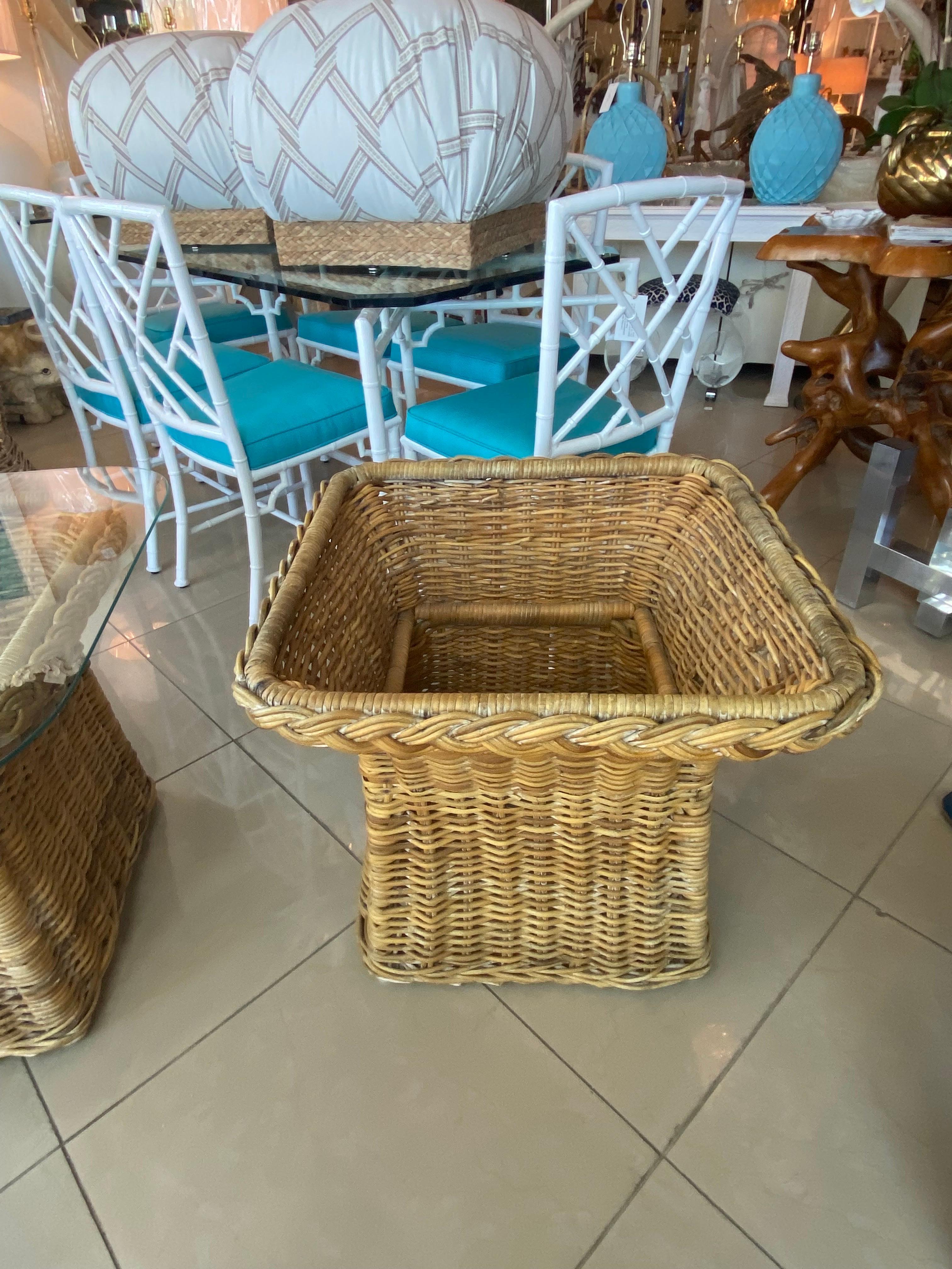 Vintage Pair of Wicker Works Braided Side End Tables New Glass Top For Sale 5