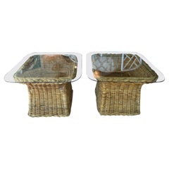 Vintage Pair of Wicker Works Braided Side End Tables New Glass Top