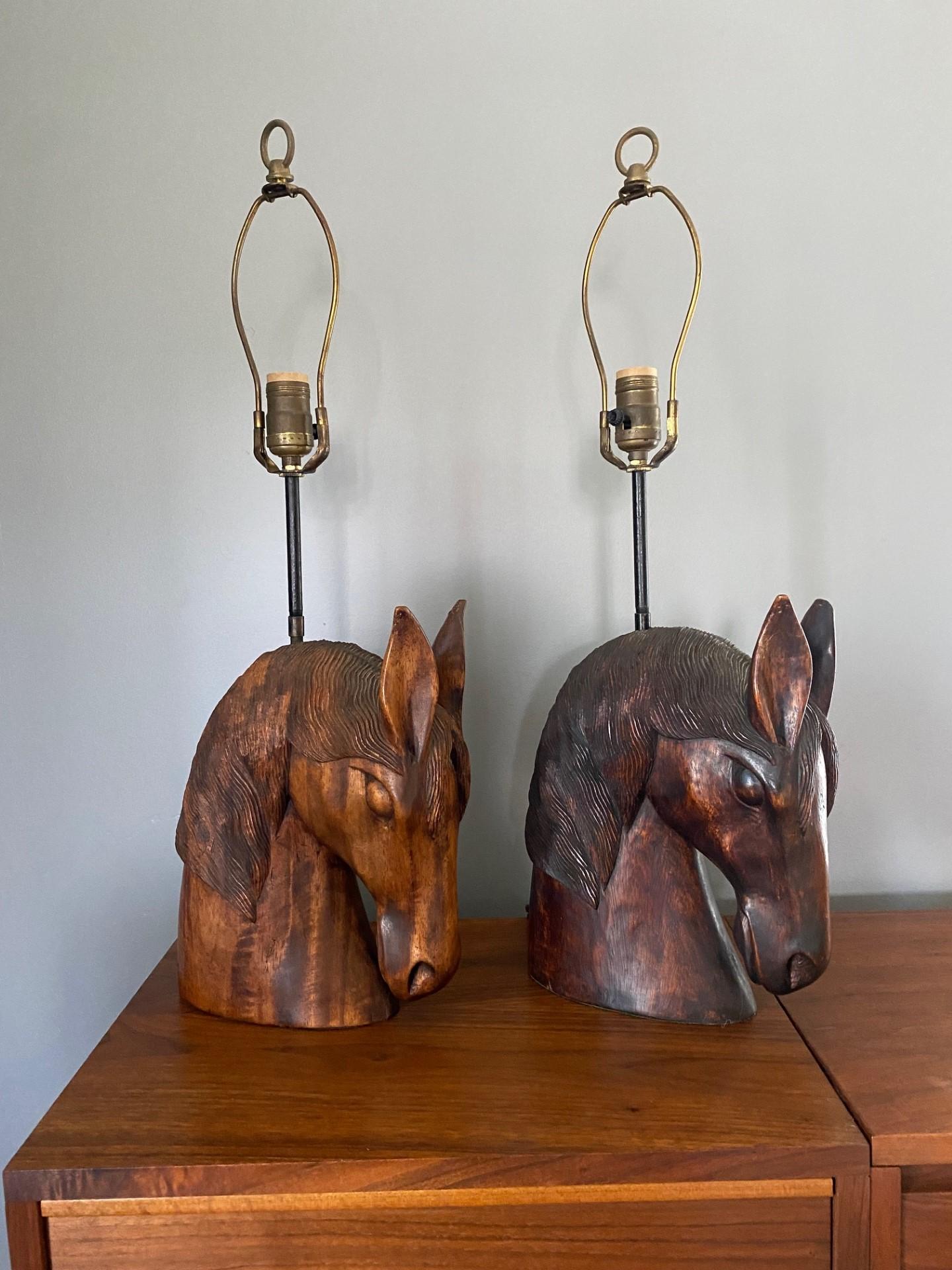 Mid-Century Modern Vintage Pair of William Billy Haines Carved Wooden Horse Head Lamps with Shades
