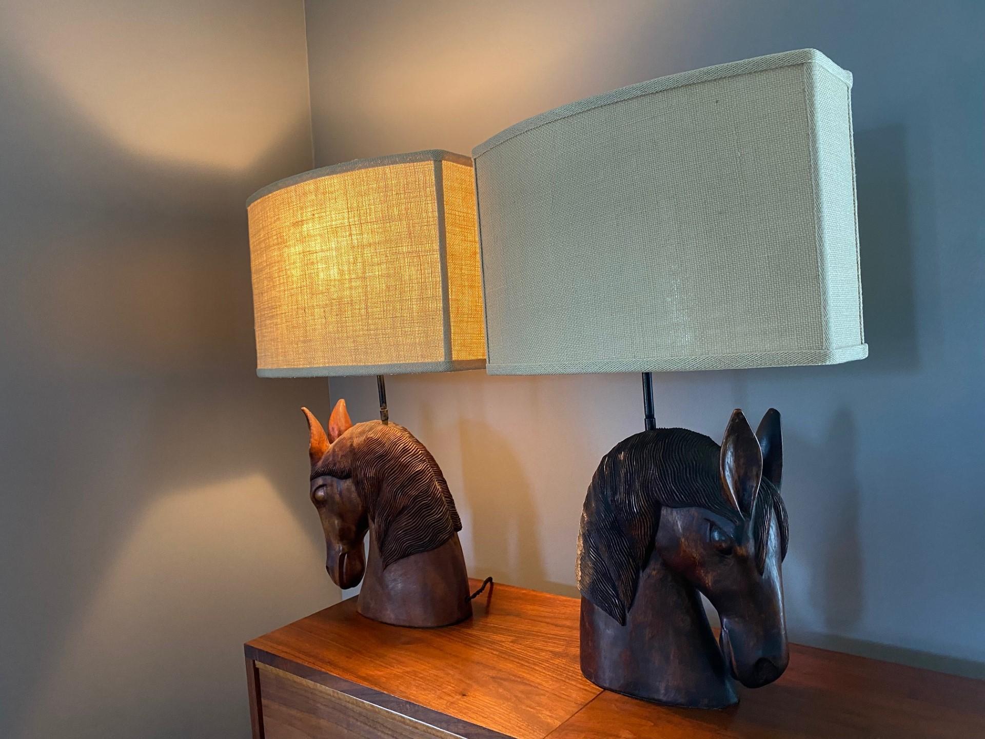 Mid-20th Century Vintage Pair of William Billy Haines Carved Wooden Horse Head Lamps with Shades