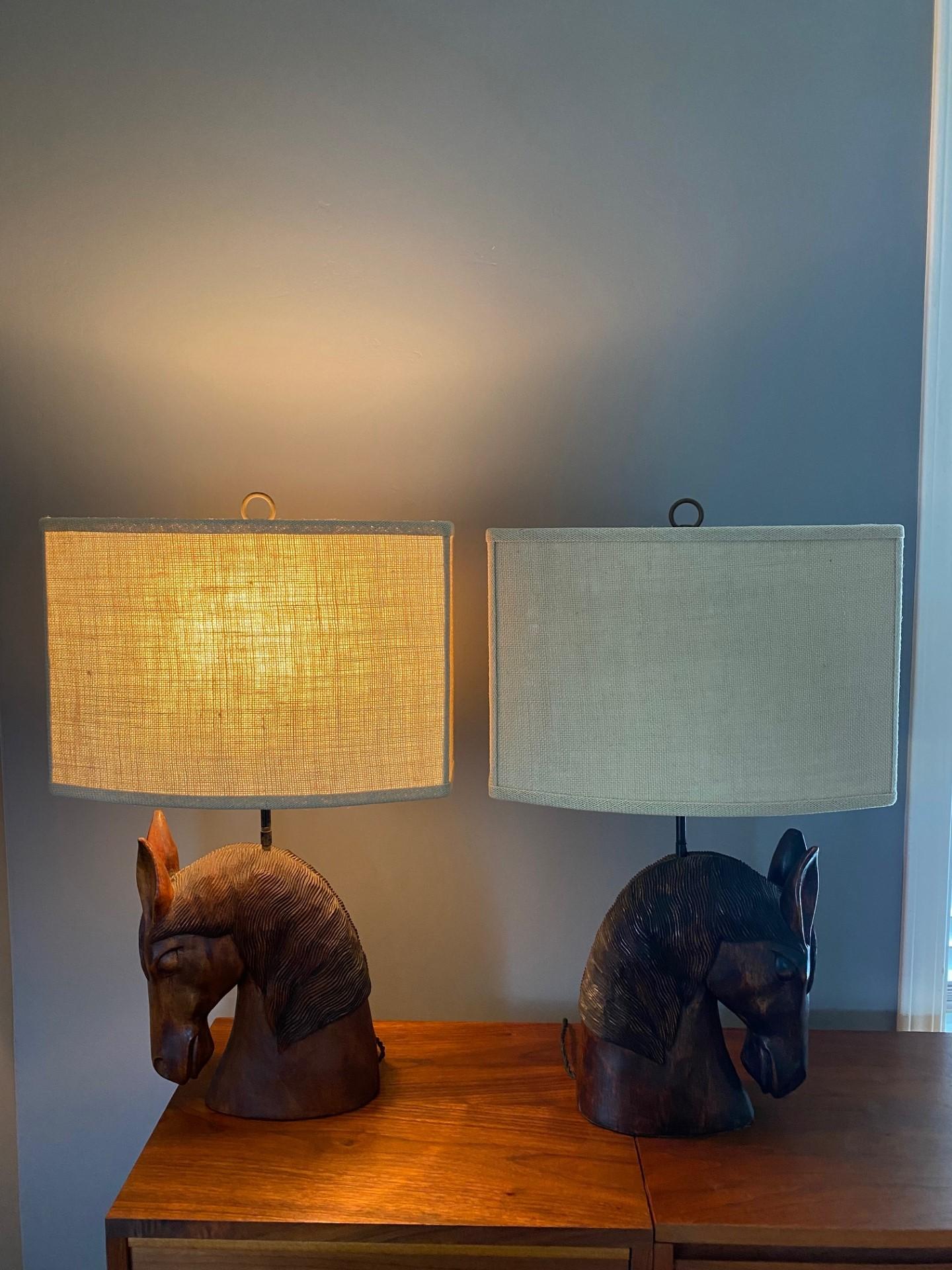 Vintage Pair of William Billy Haines Carved Wooden Horse Head Lamps with Shades 1