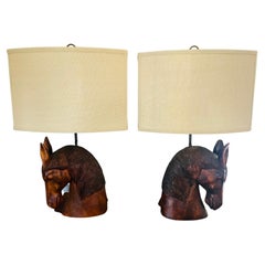Vintage Pair of William Billy Haines Carved Wooden Horse Head Lamps with Shades
