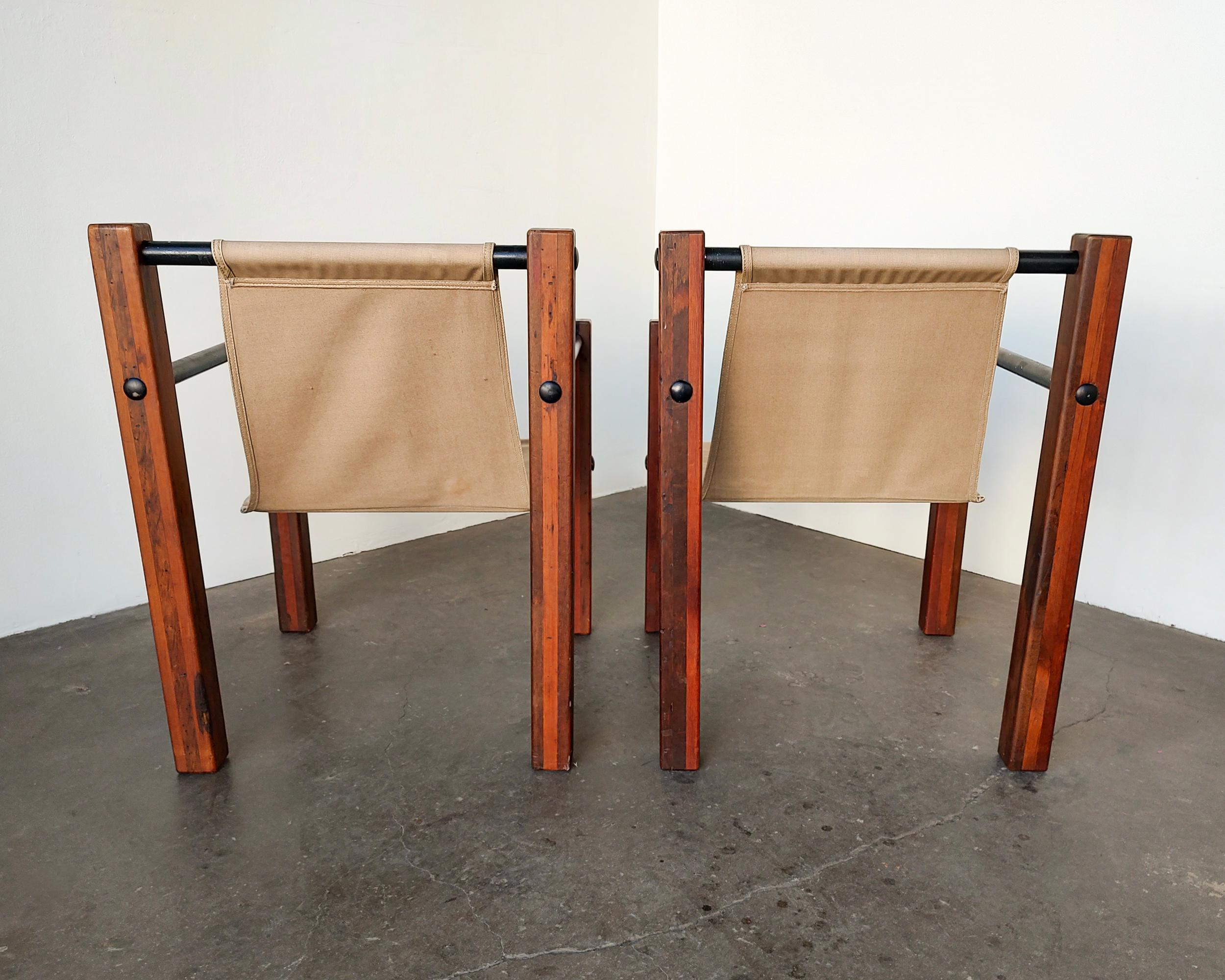 Unknown Vintage Pair of Wood and Canvas Sling Lounge Chairs 1970s For Sale