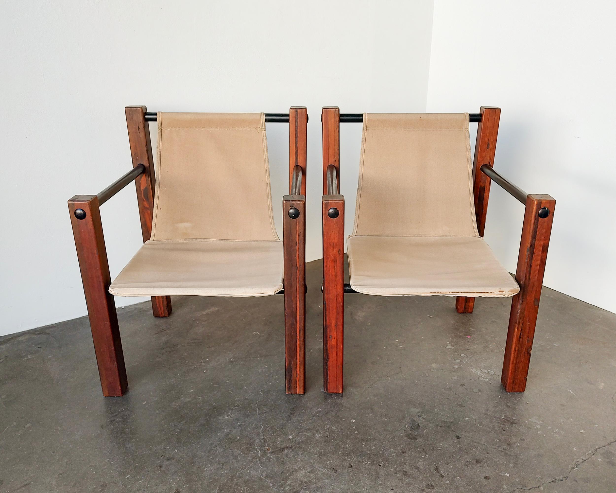 Vintage Pair of Wood and Canvas Sling Lounge Chairs 1970s In Good Condition For Sale In Hawthorne, CA