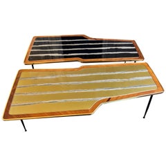 Vintage Pair of Wood, Brass and Black & Gold Striped Murano Glass Coffee Tables