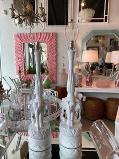 Vintage pair of Wood Carved Elephant Table Lamps Newly Lacquered & Wired