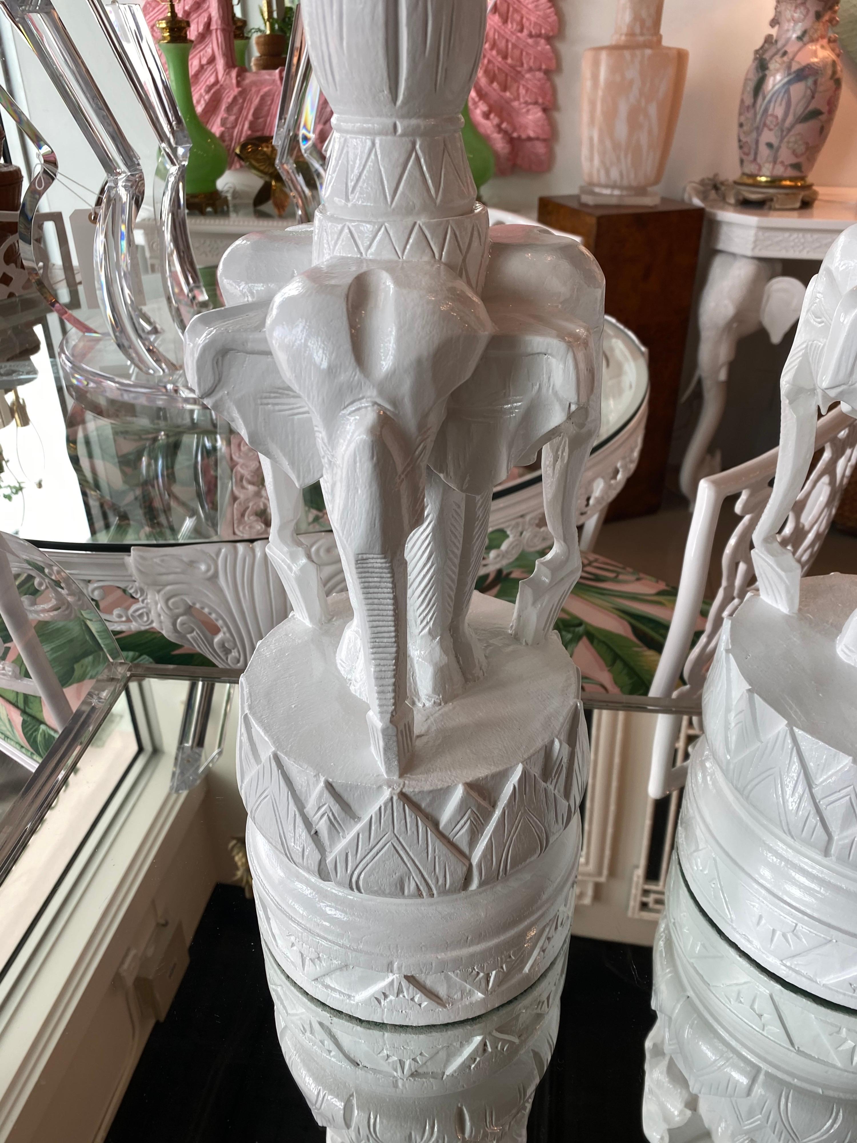 Hollywood Regency Vintage pair of Wood Carved Elephant Table Lamps Newly Lacquered & Wired For Sale