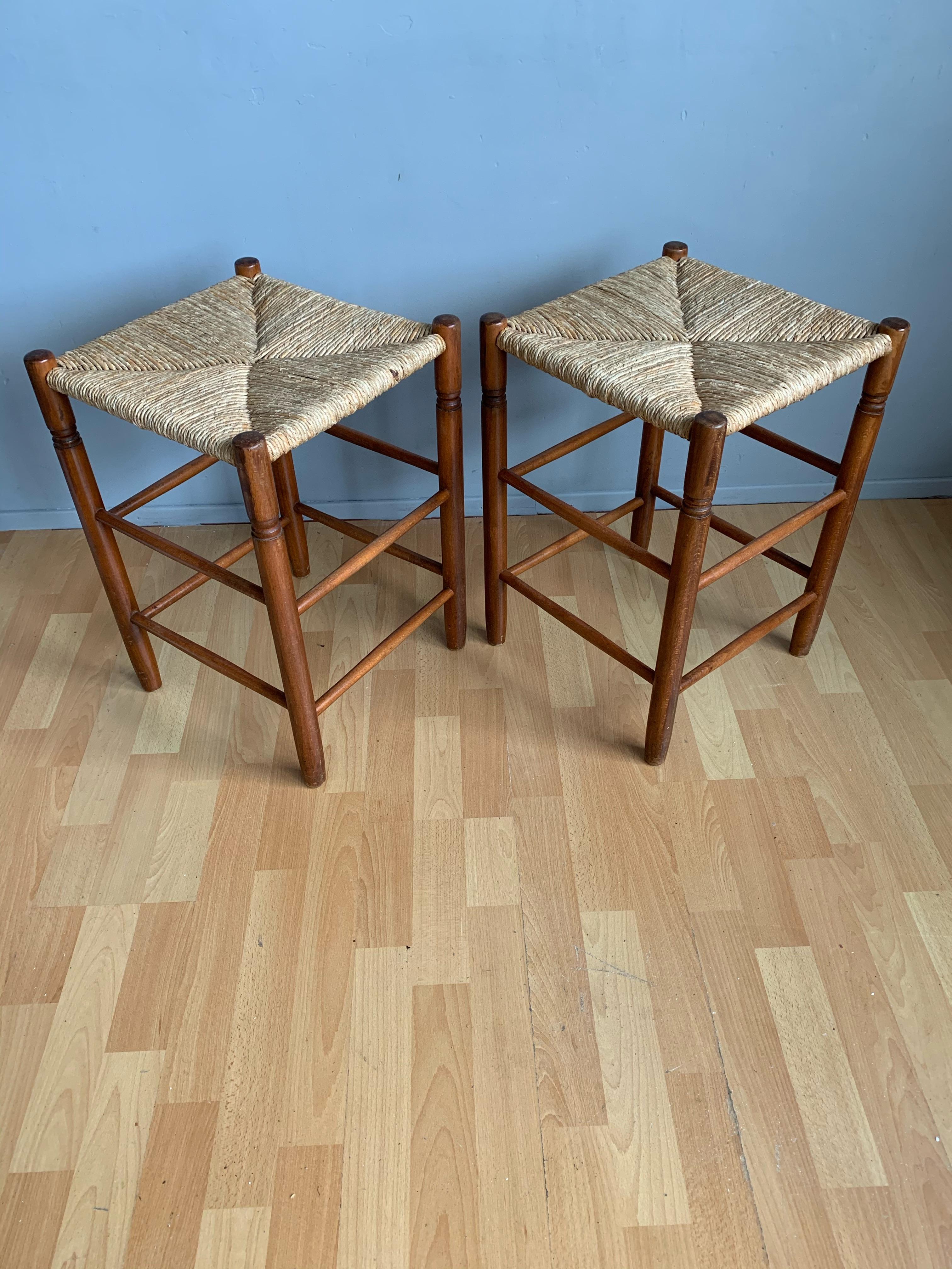 Pair Vintage Wood Country House Stools with Rush Seats Charlotte Perriand Style 4