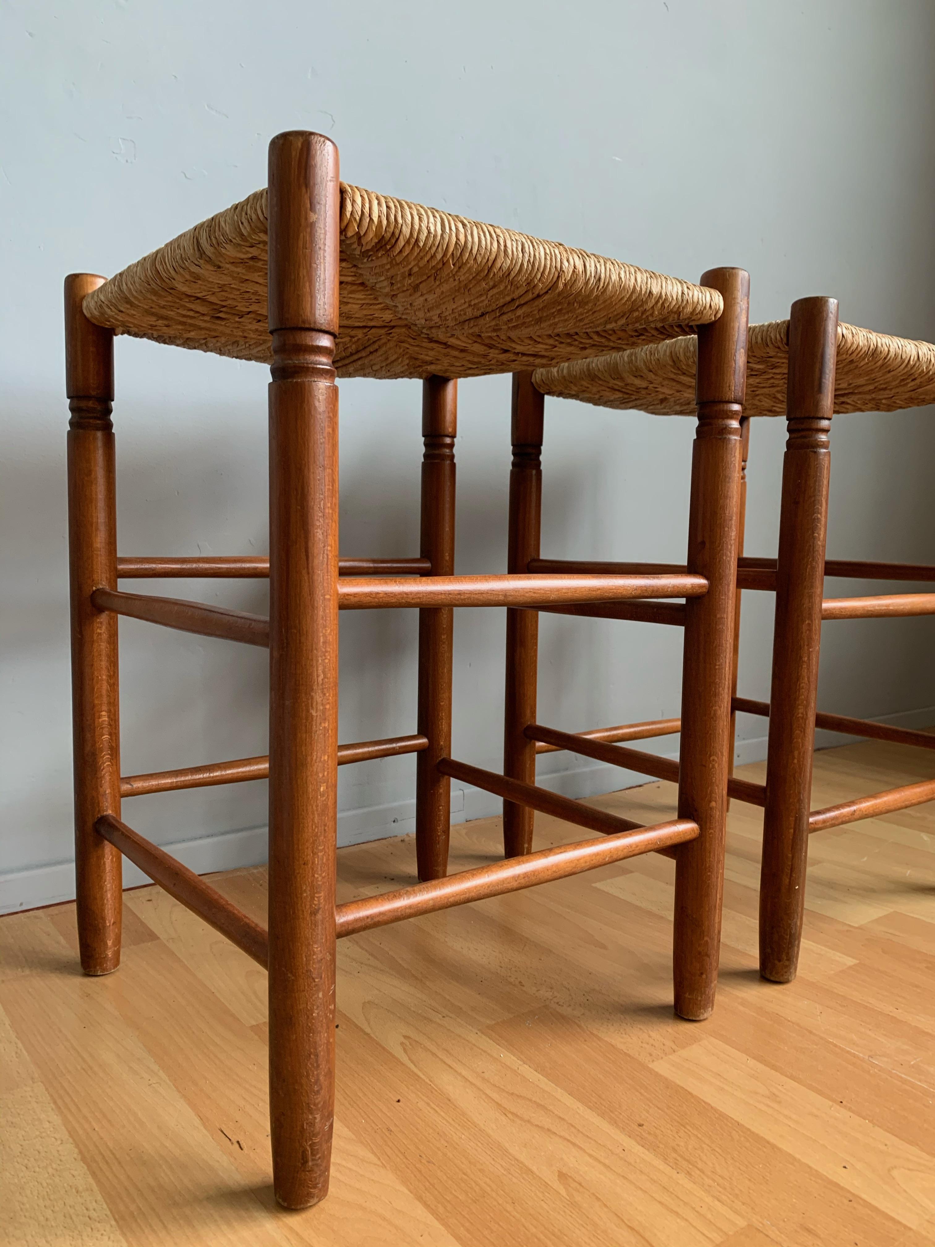 Pair Vintage Wood Country House Stools with Rush Seats Charlotte Perriand Style 5