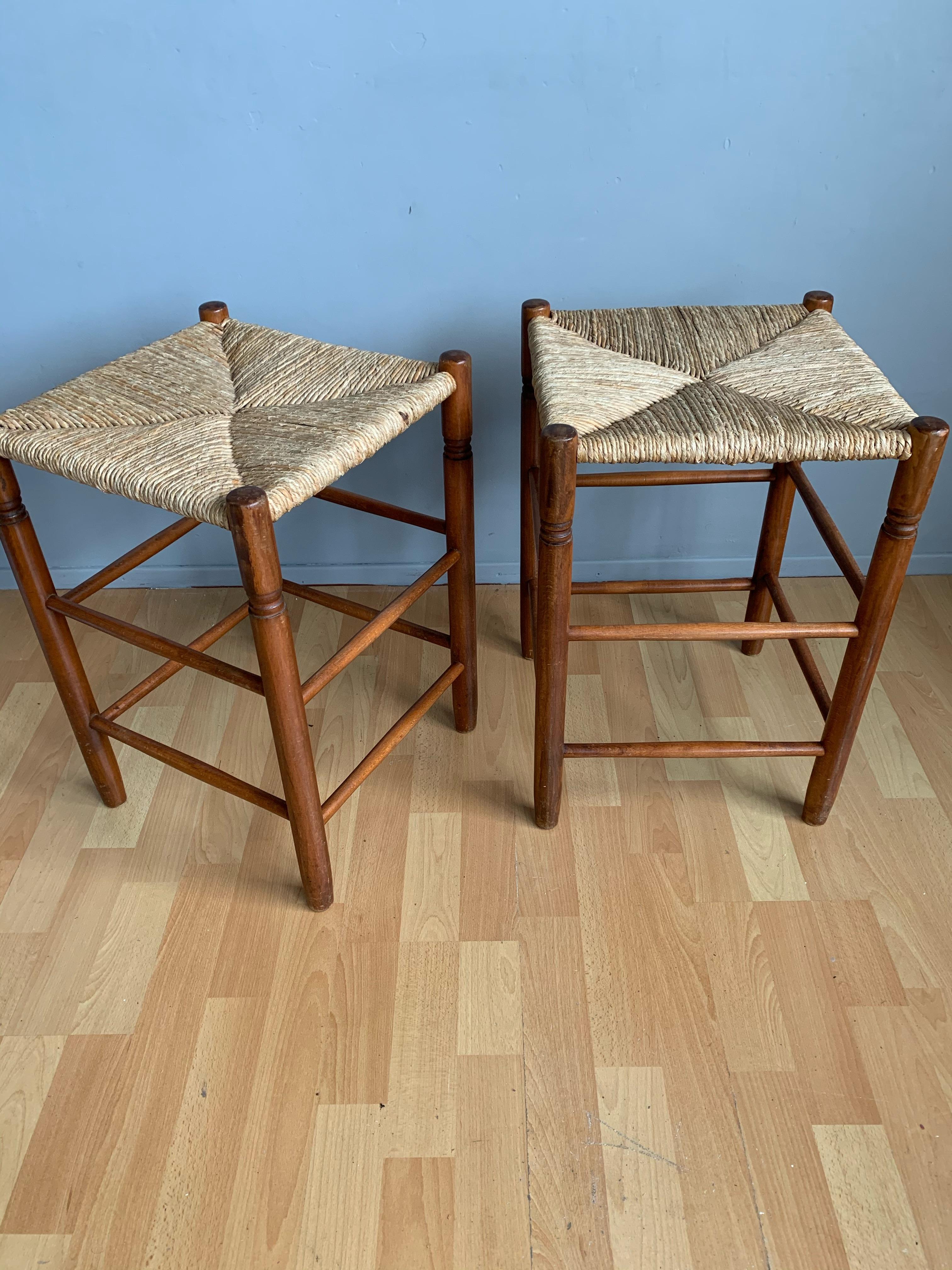Pair Vintage Wood Country House Stools with Rush Seats Charlotte Perriand Style 10