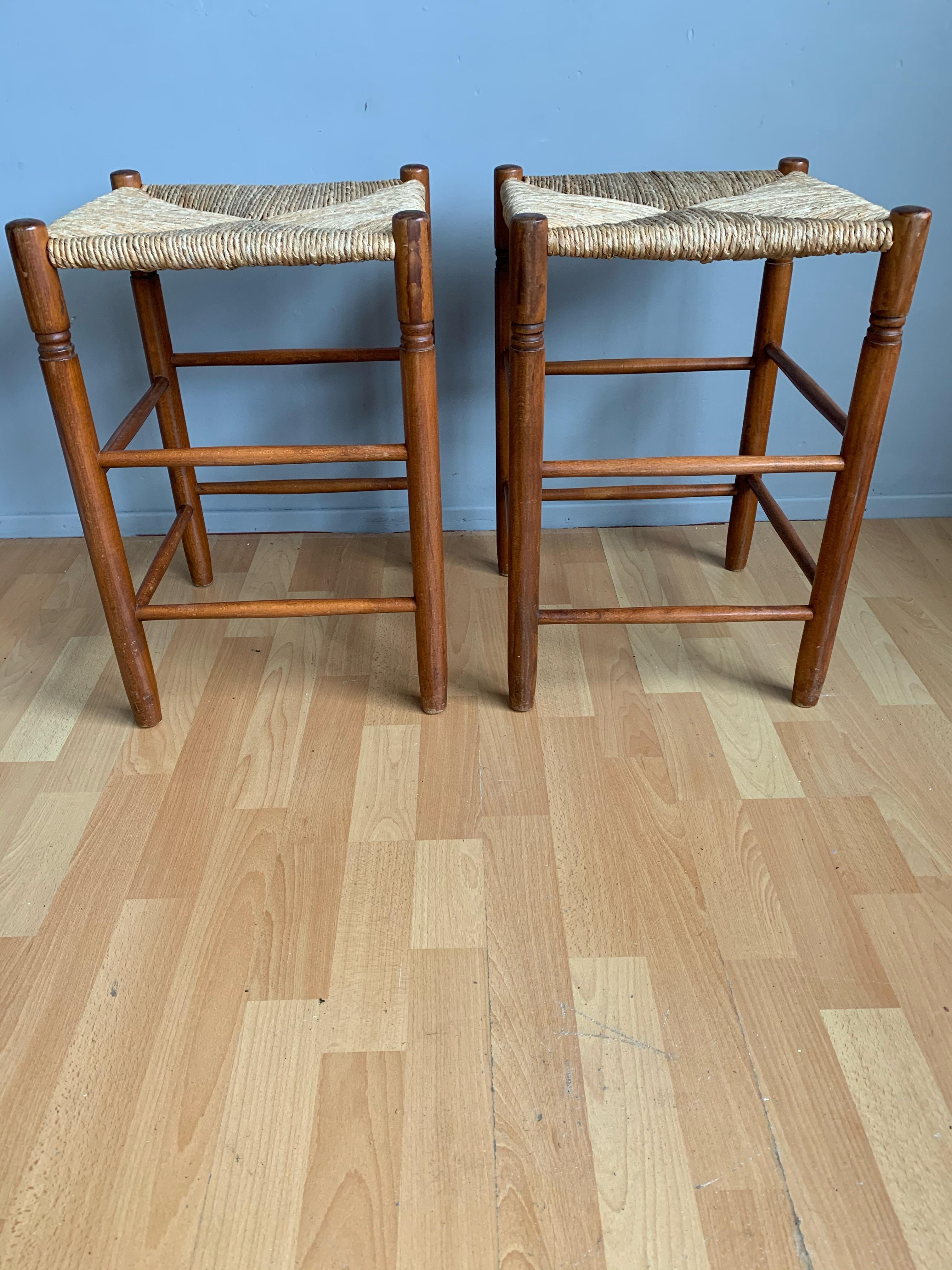 Pair Vintage Wood Country House Stools with Rush Seats Charlotte Perriand Style 11
