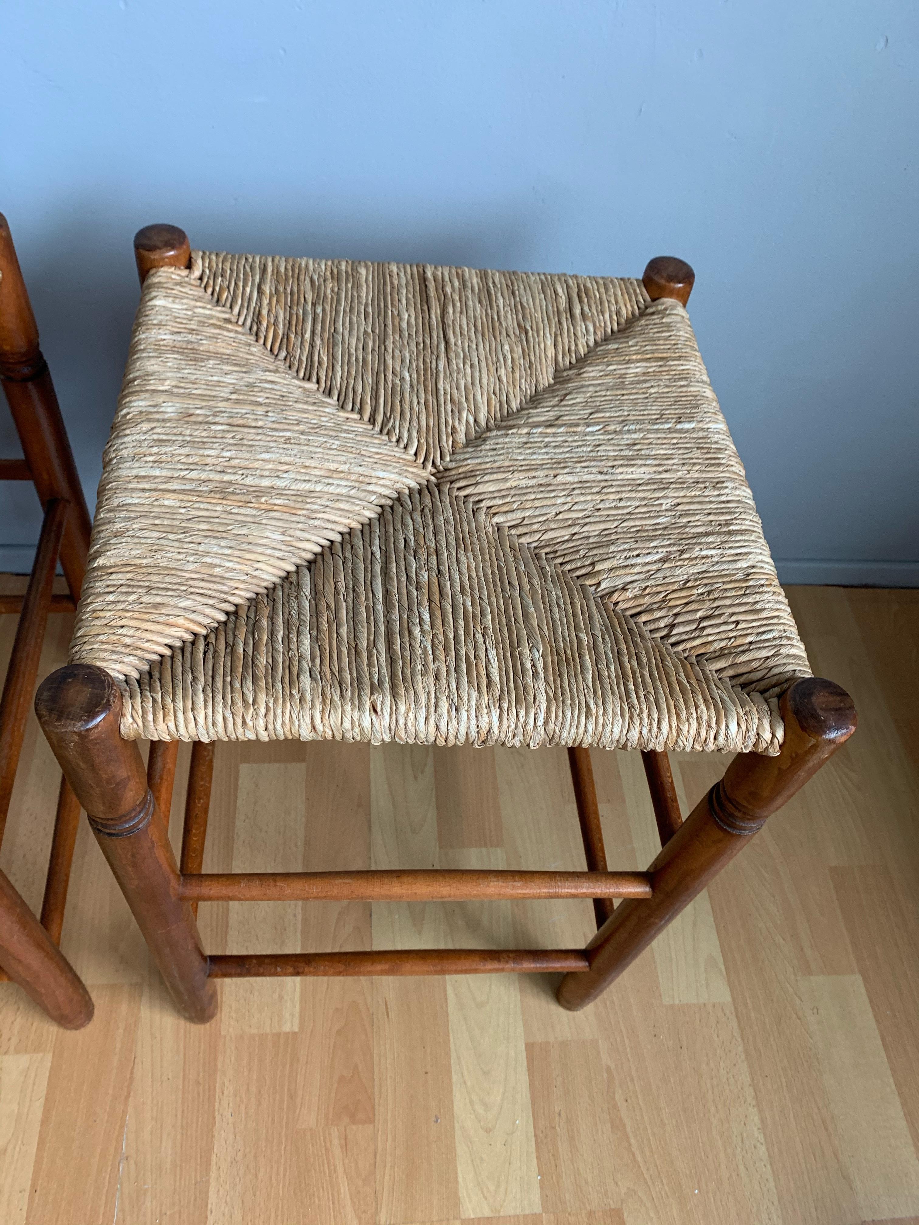 Pair Vintage Wood Country House Stools with Rush Seats Charlotte Perriand Style 12
