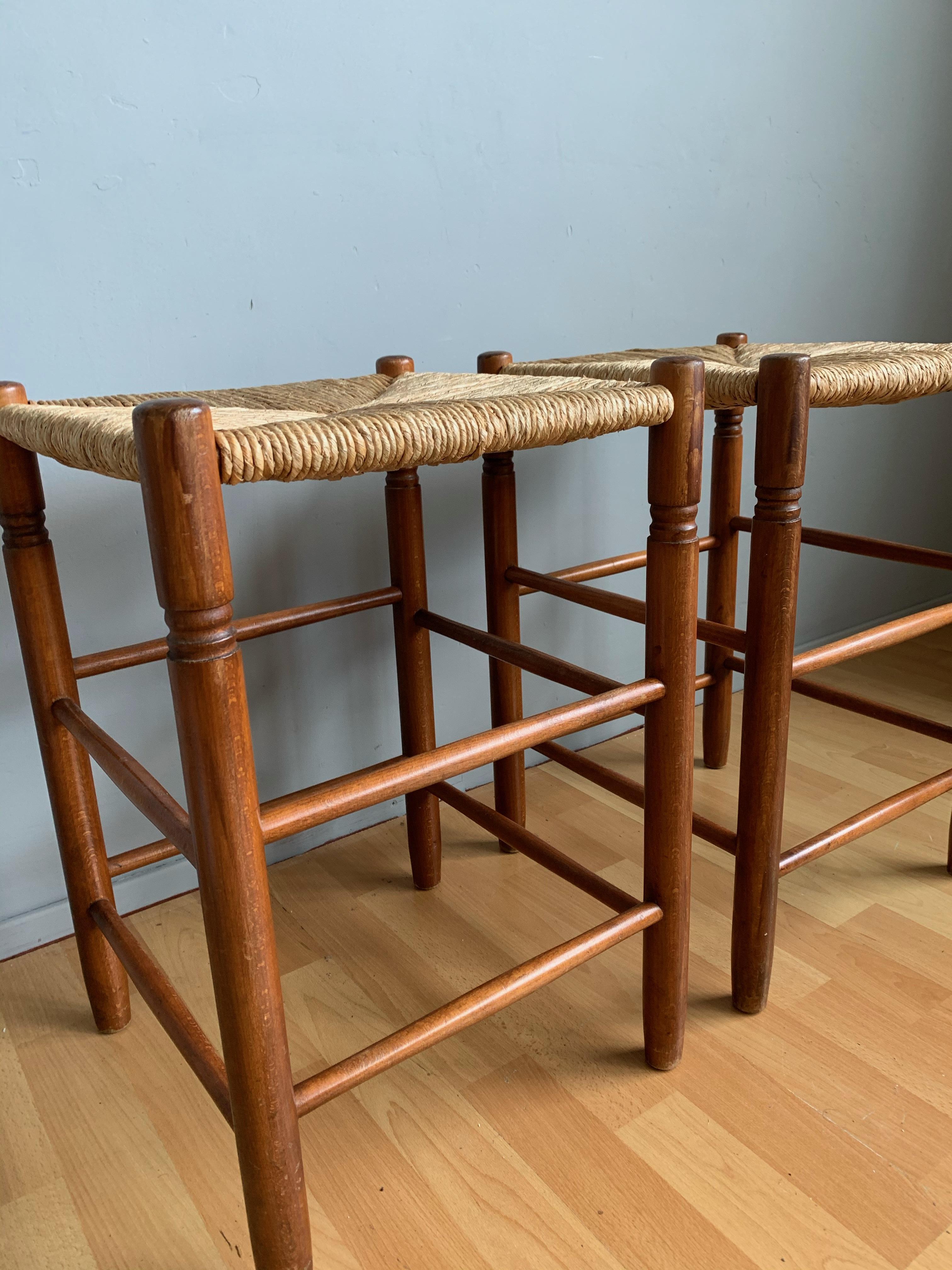 Pair Vintage Wood Country House Stools with Rush Seats Charlotte Perriand Style 13