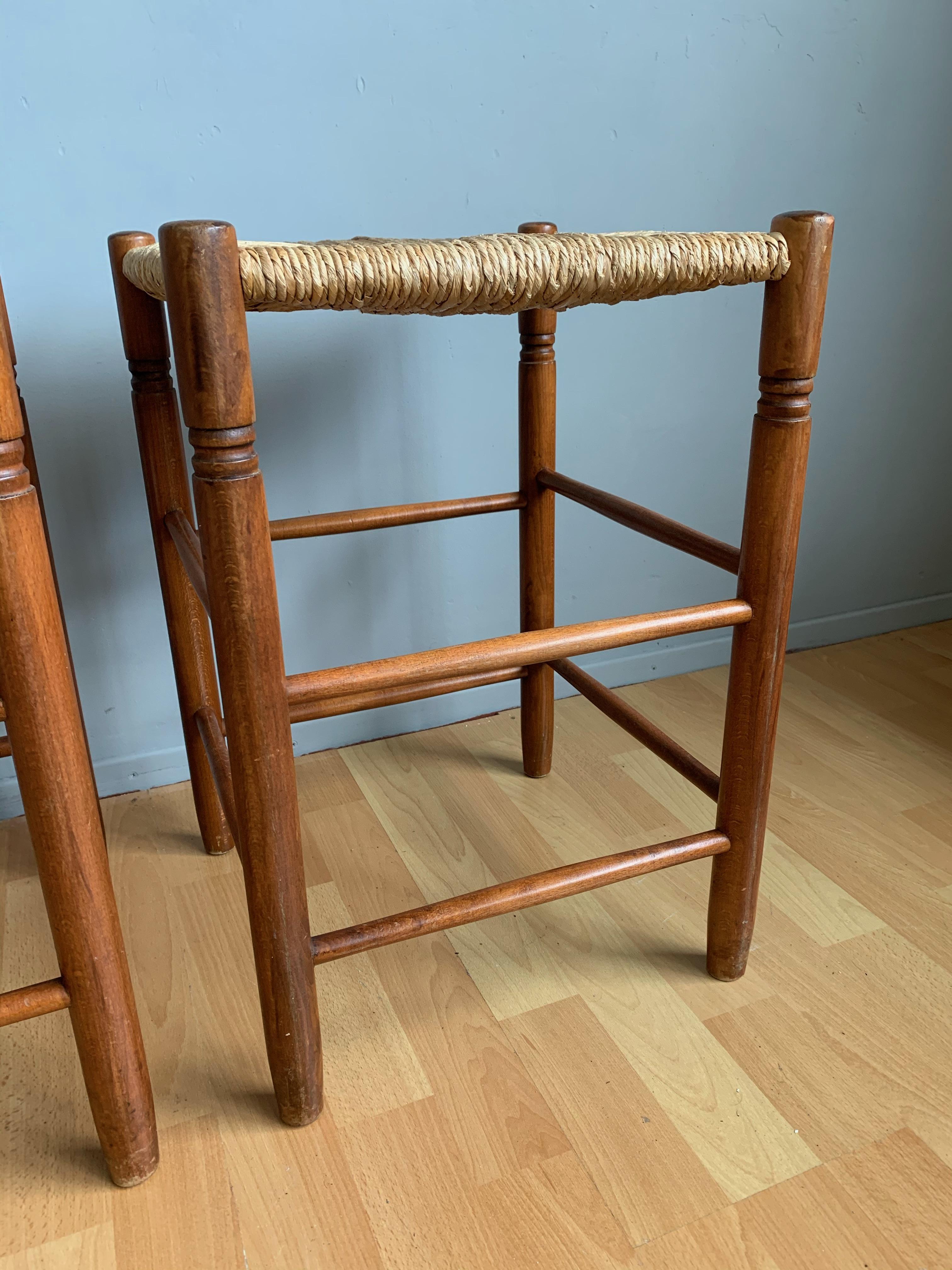 Pair Vintage Wood Country House Stools with Rush Seats Charlotte Perriand Style 14