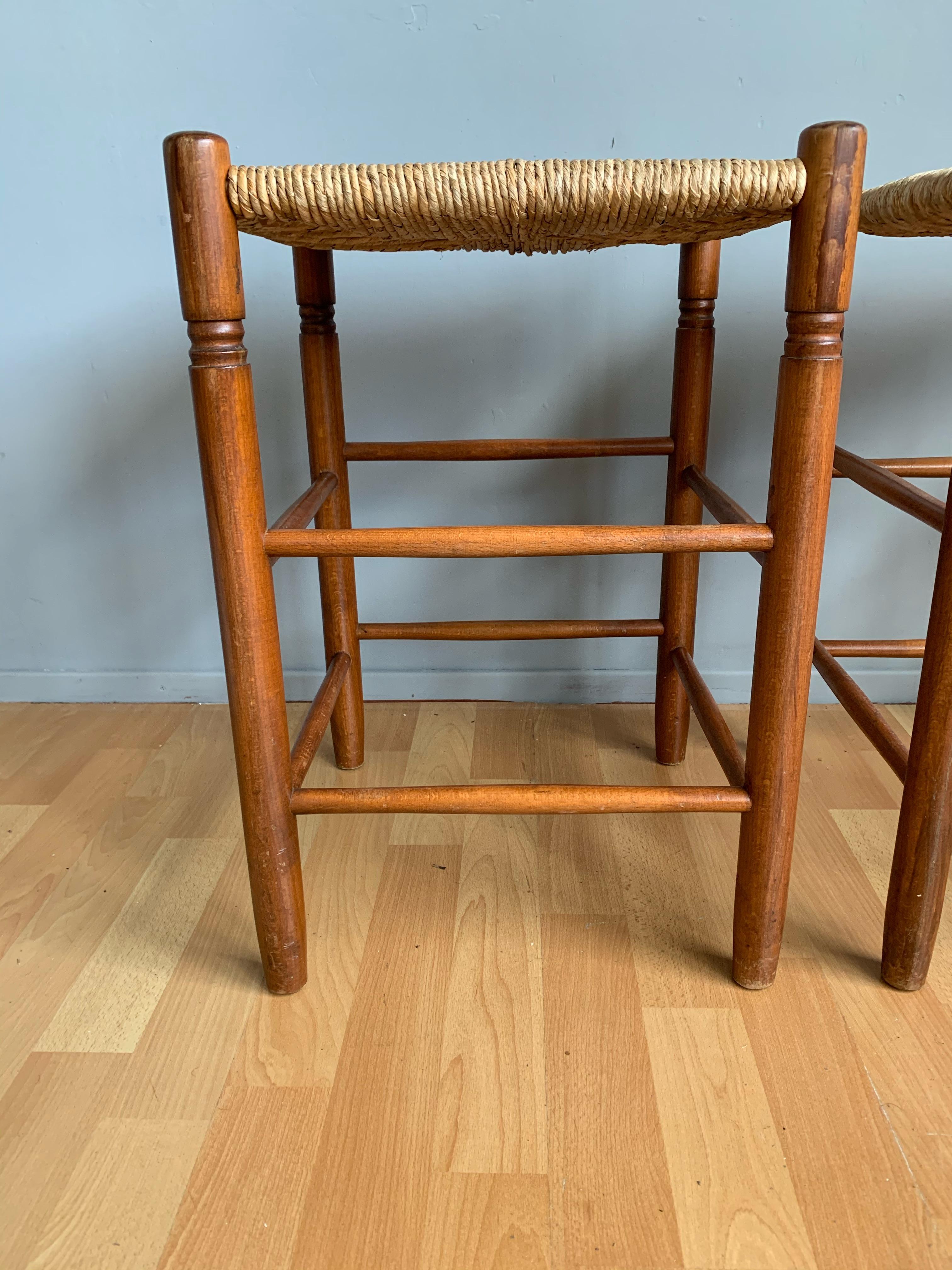 French Pair Vintage Wood Country House Stools with Rush Seats Charlotte Perriand Style